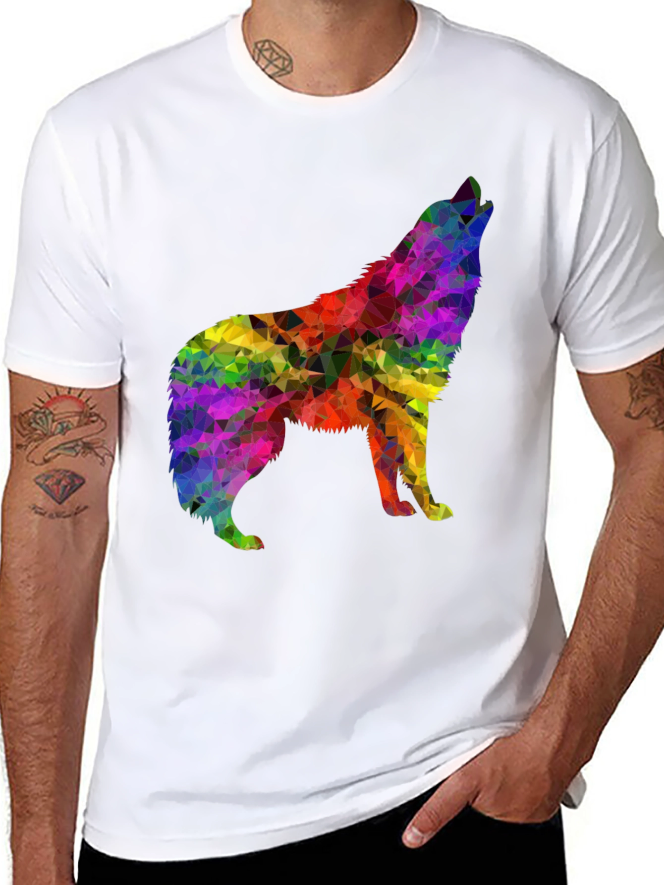 Rainbow Geometric Wolf Graphic Tee - Black