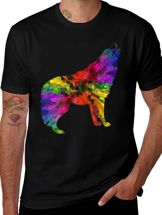 Rainbow Geometric Wolf Graphic Tee - Black