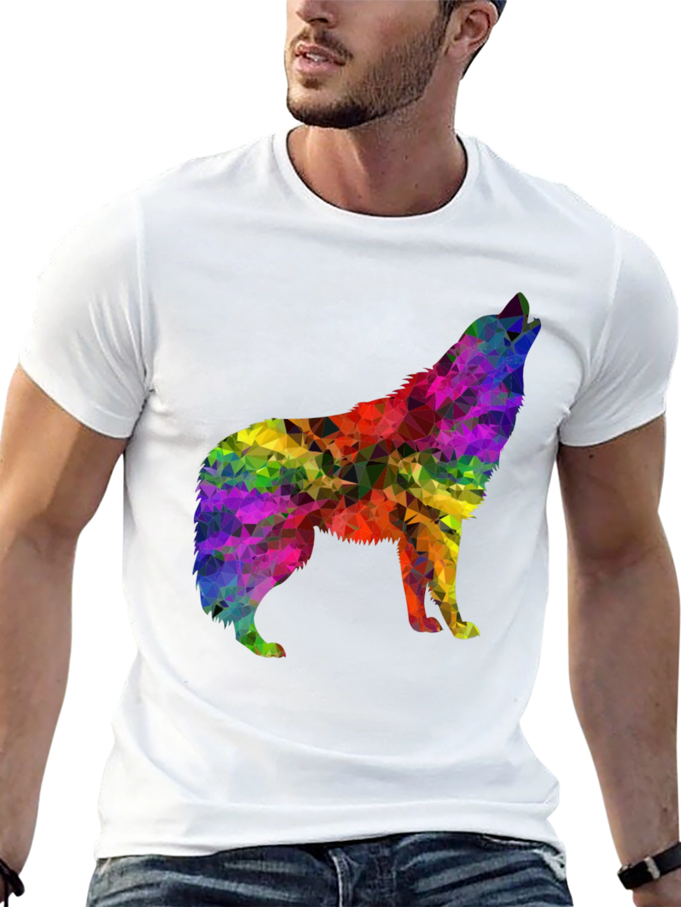 Rainbow Geometric Wolf Graphic Tee - Black