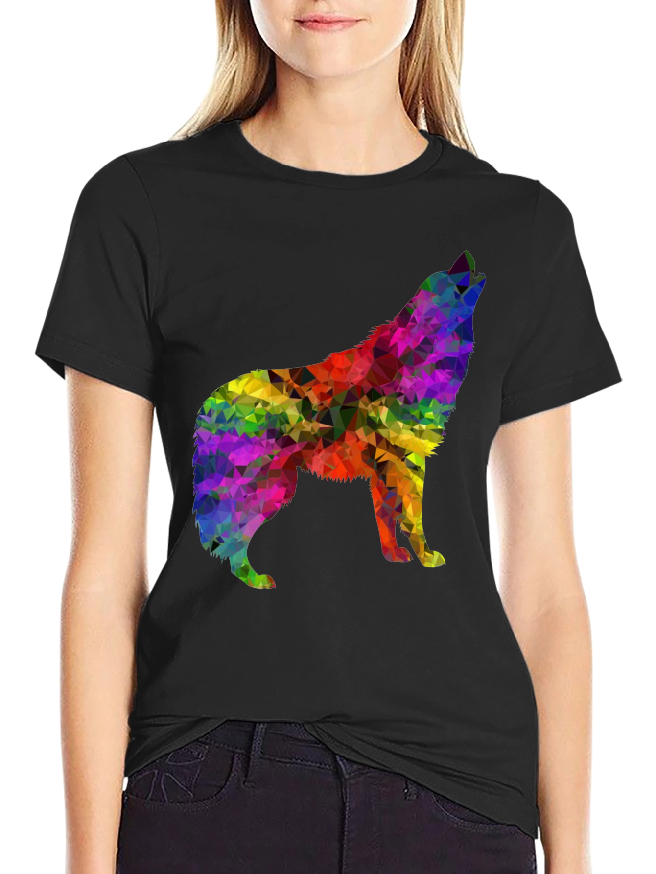 Rainbow Geometric Wolf Graphic Tee - Black