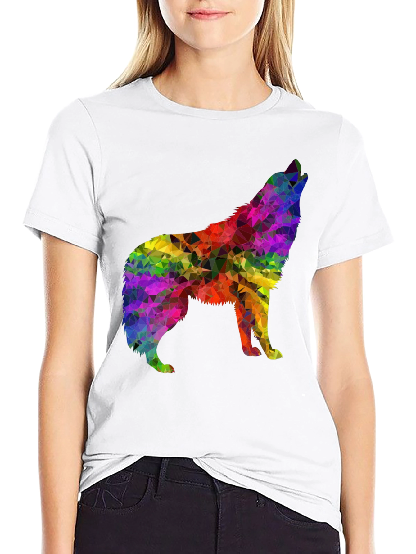 Rainbow Geometric Wolf Graphic Tee - Black