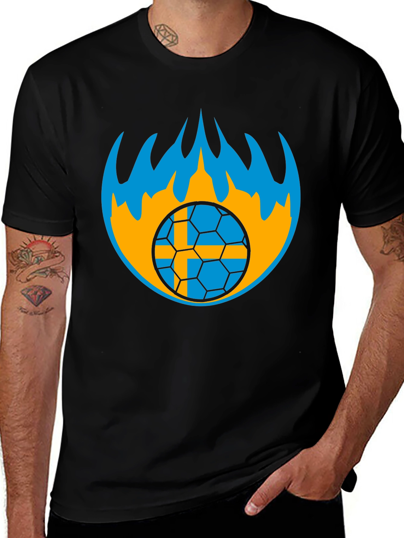 Sweden Soccer Ball Flames Graphic Tee - Black