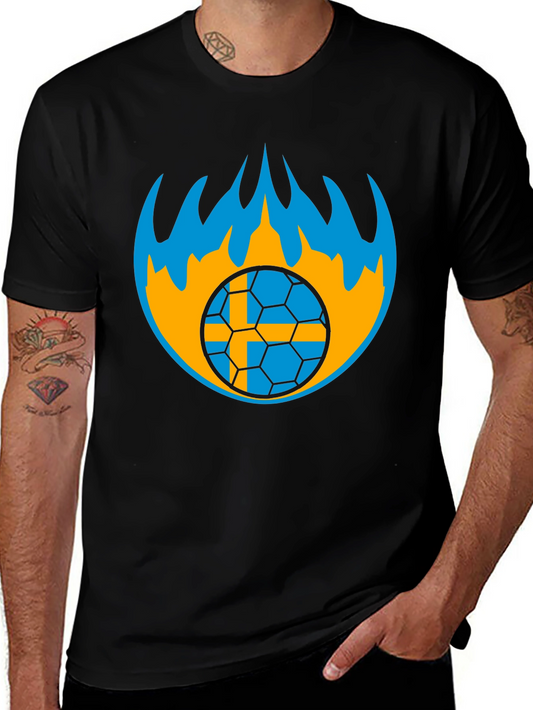 Sweden Soccer Ball Flames Graphic Tee - Black
