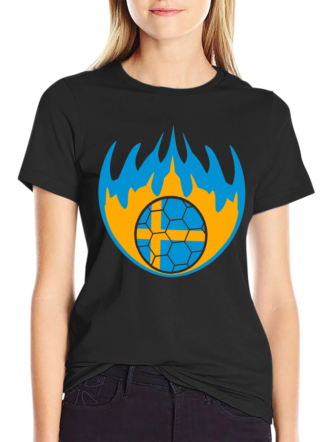 Sweden Soccer Ball Flames Graphic Tee - Black