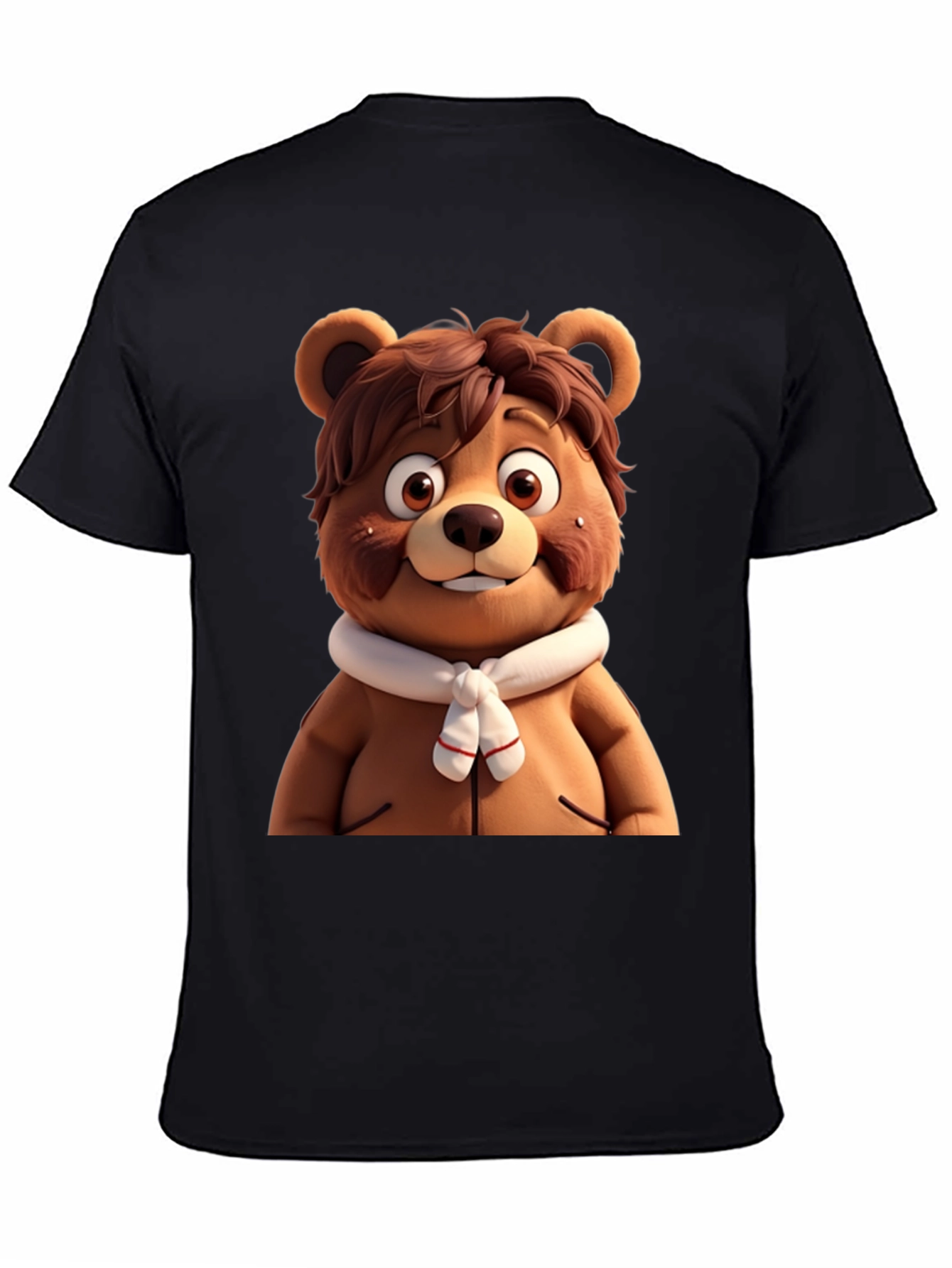 Cartoon Bear Graphic Tee - Black Cotton Blend