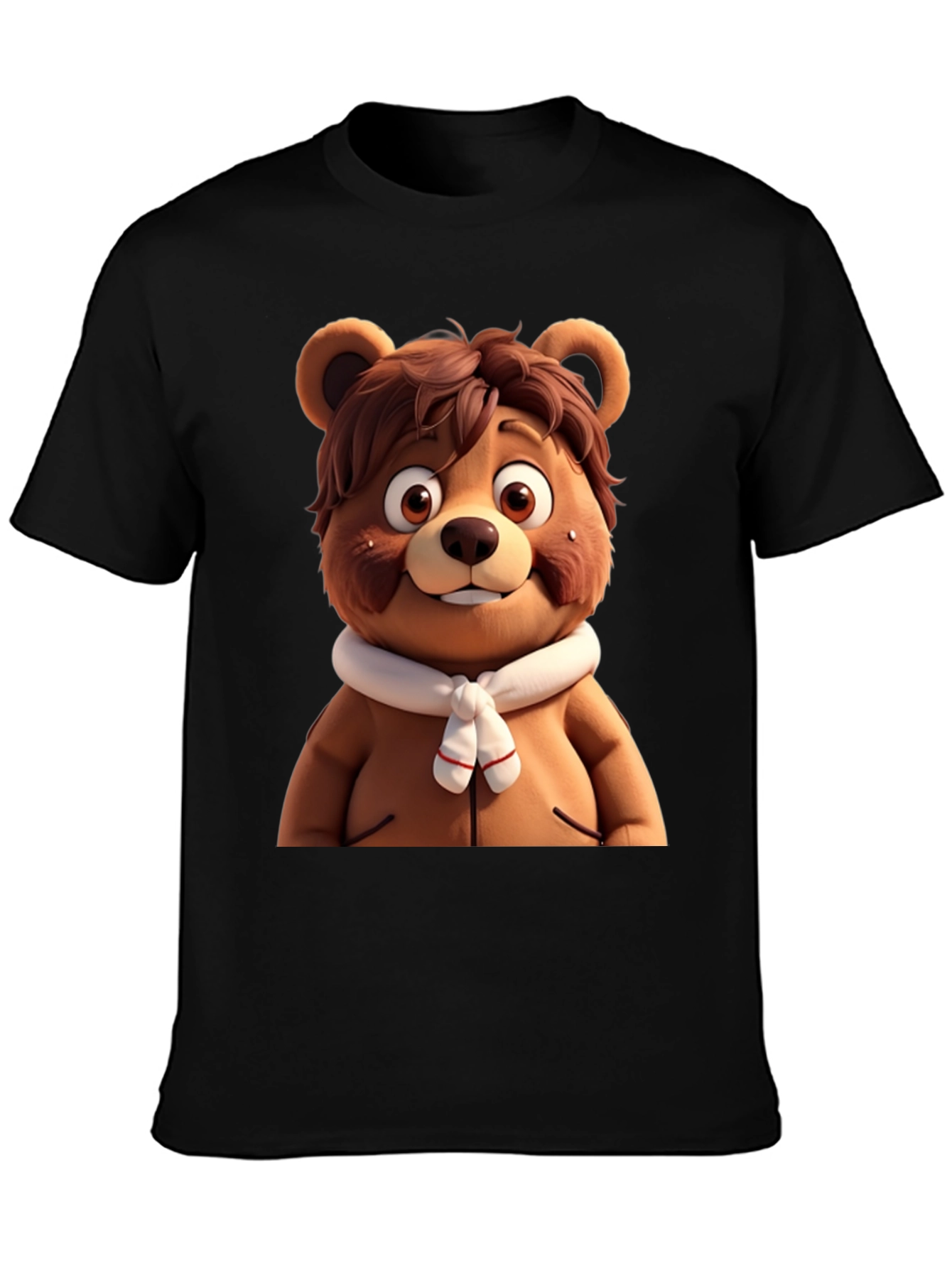 Cartoon Bear Graphic Tee - Black Cotton Blend
