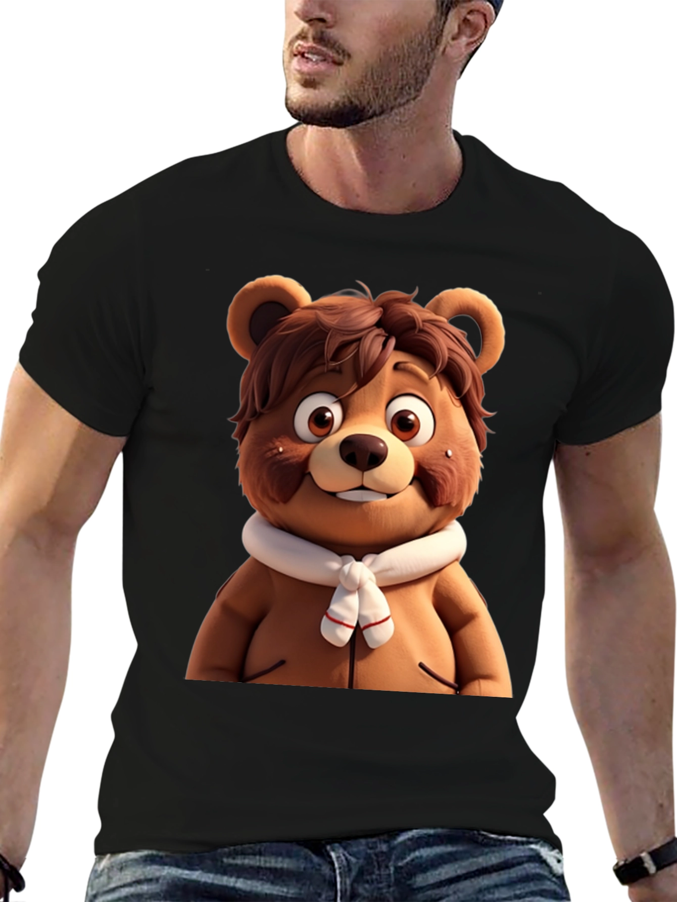 Cartoon Bear Graphic Tee - Black Cotton Blend