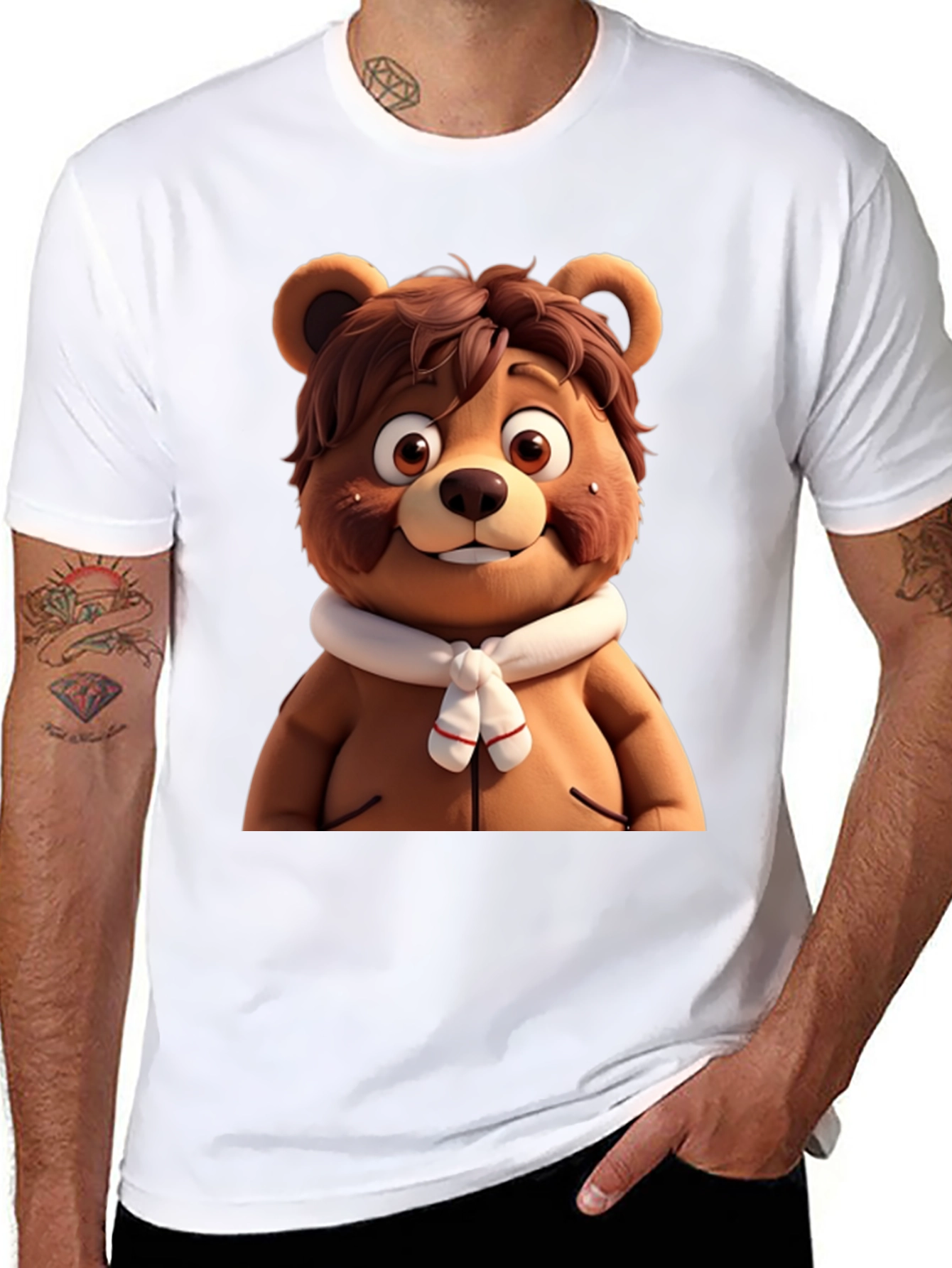 Cartoon Bear Graphic Tee - Black Cotton Blend