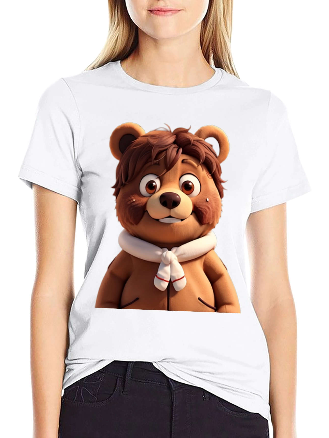 Cartoon Bear Graphic Tee - Black Cotton Blend