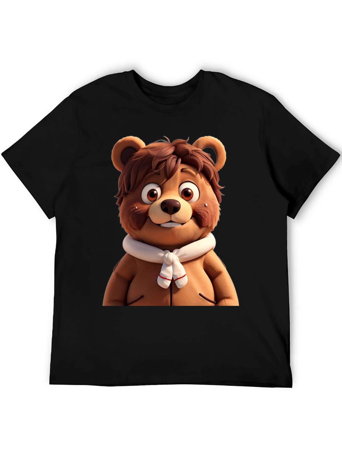 Cartoon Bear Graphic Tee - Black Cotton Blend