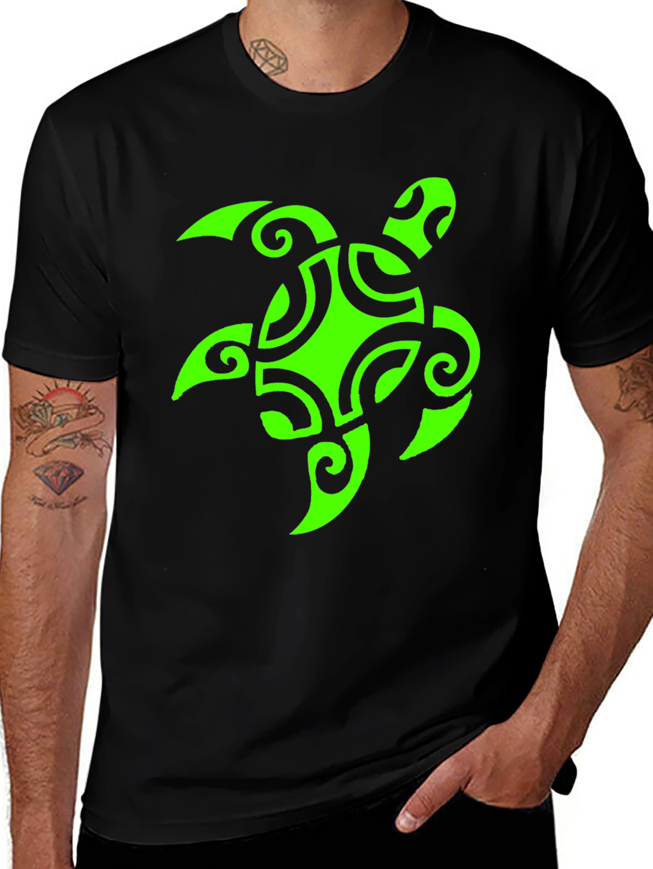 Mens Black T-Shirt with Green Turtle Graphic