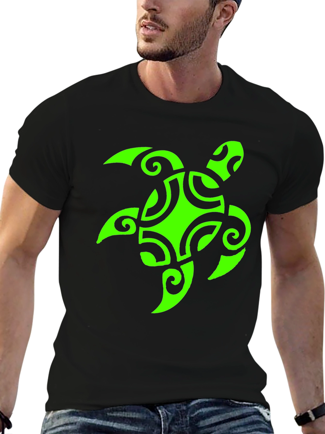Mens Black T-Shirt with Green Turtle Graphic
