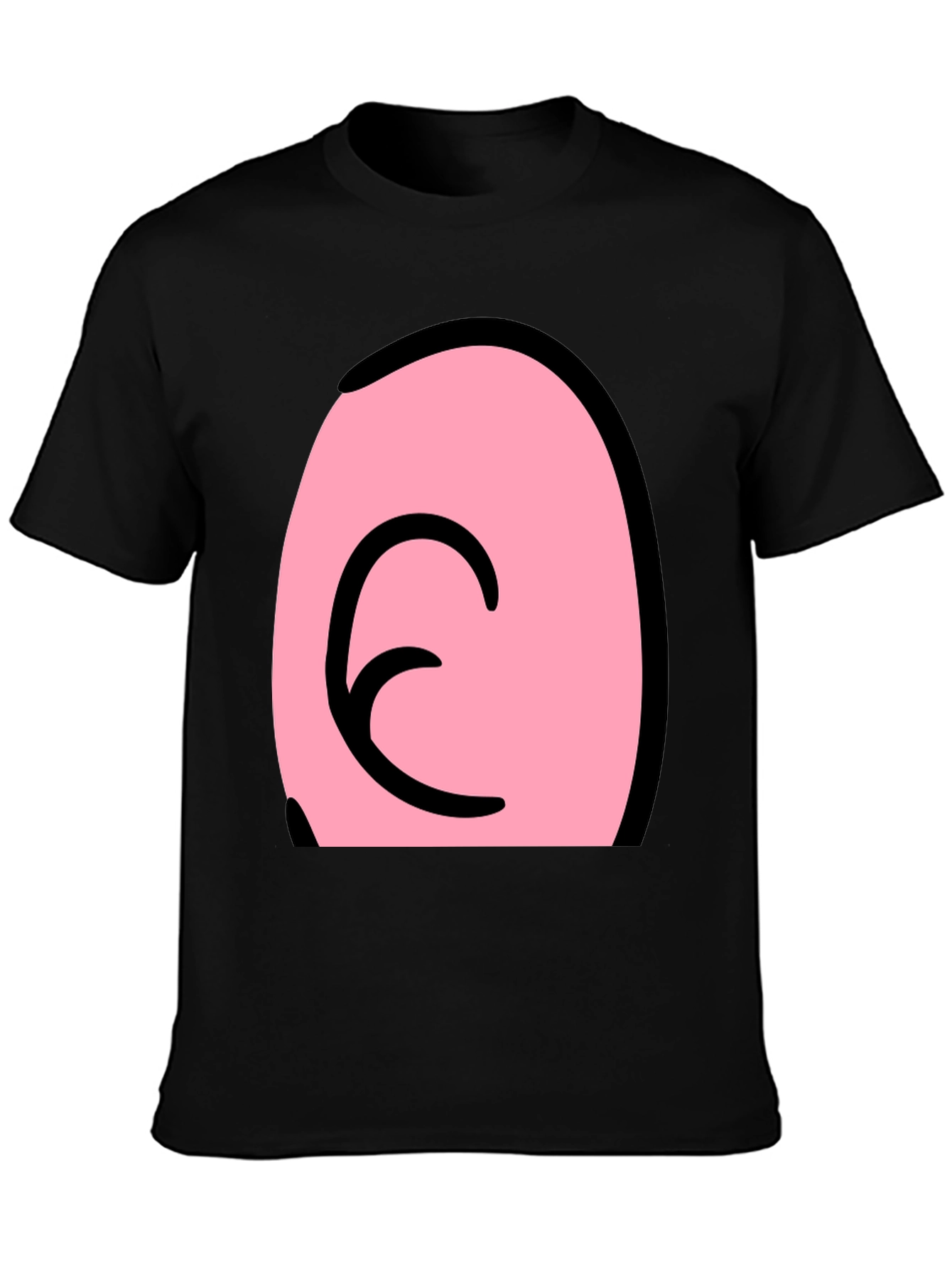 Pink Cartoon Character Face on Black T-Shirt