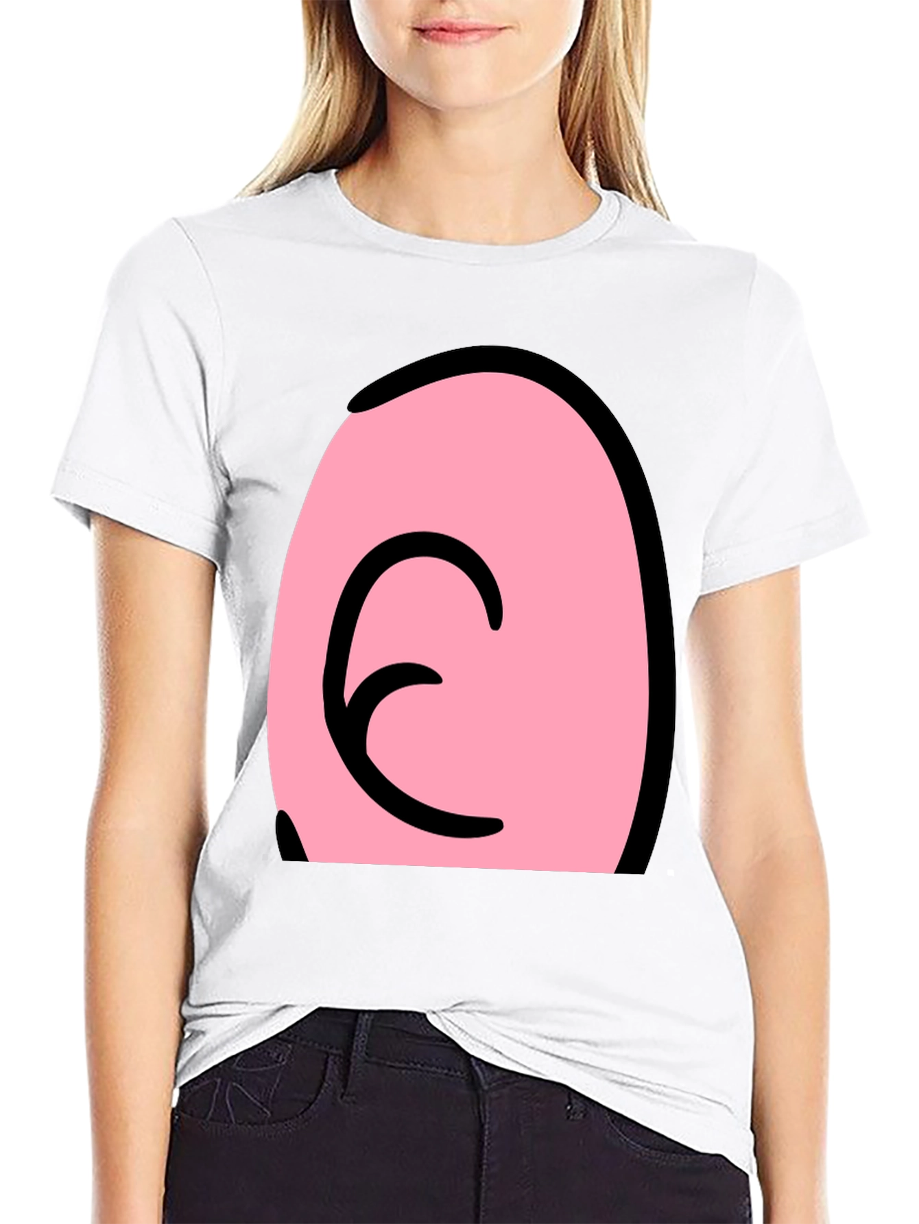 Pink Cartoon Character Face on Black T-Shirt