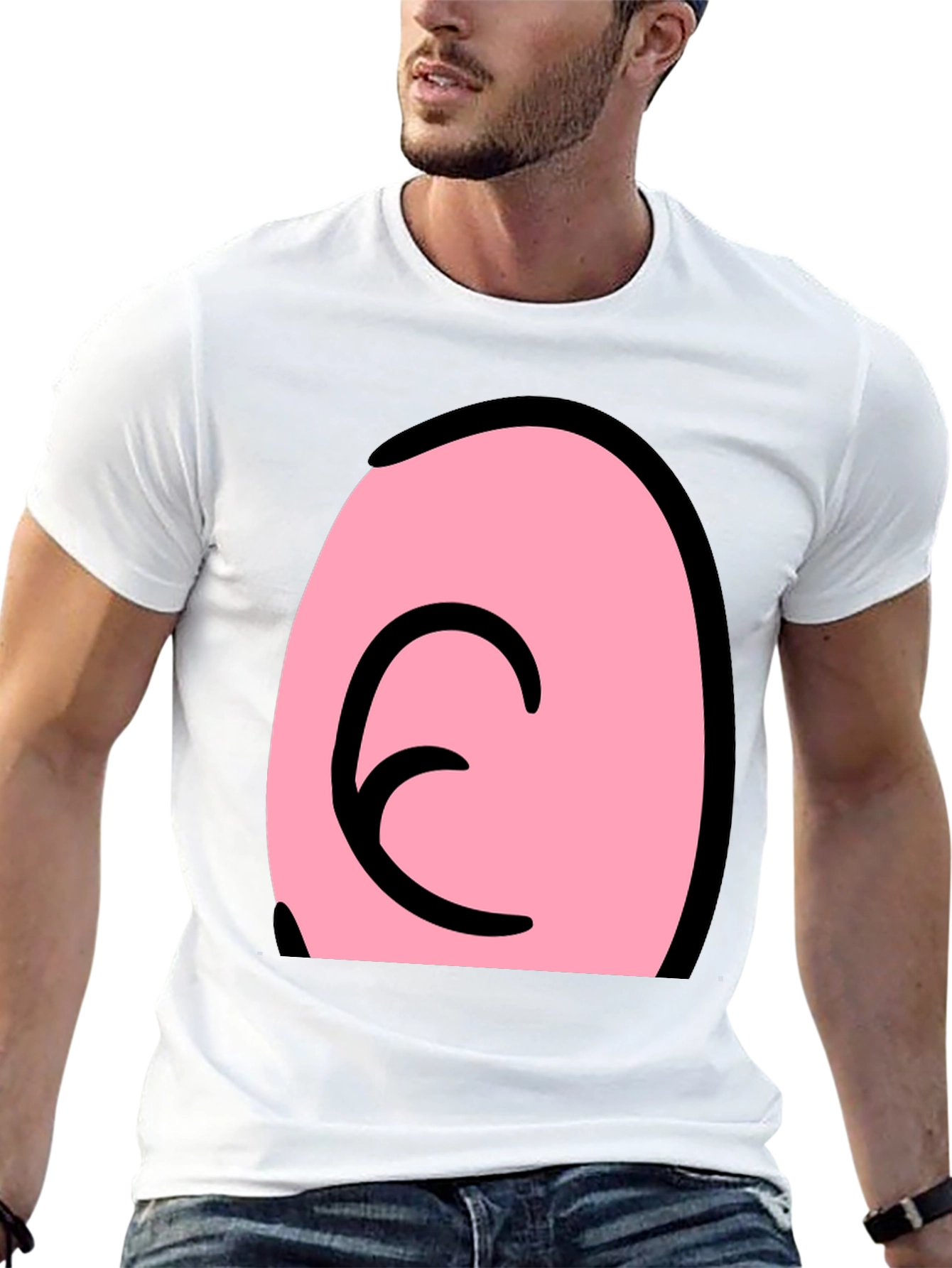 Pink Cartoon Character Face on Black T-Shirt