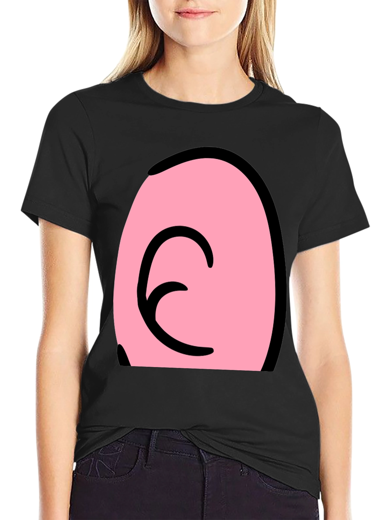 Pink Cartoon Character Face on Black T-Shirt