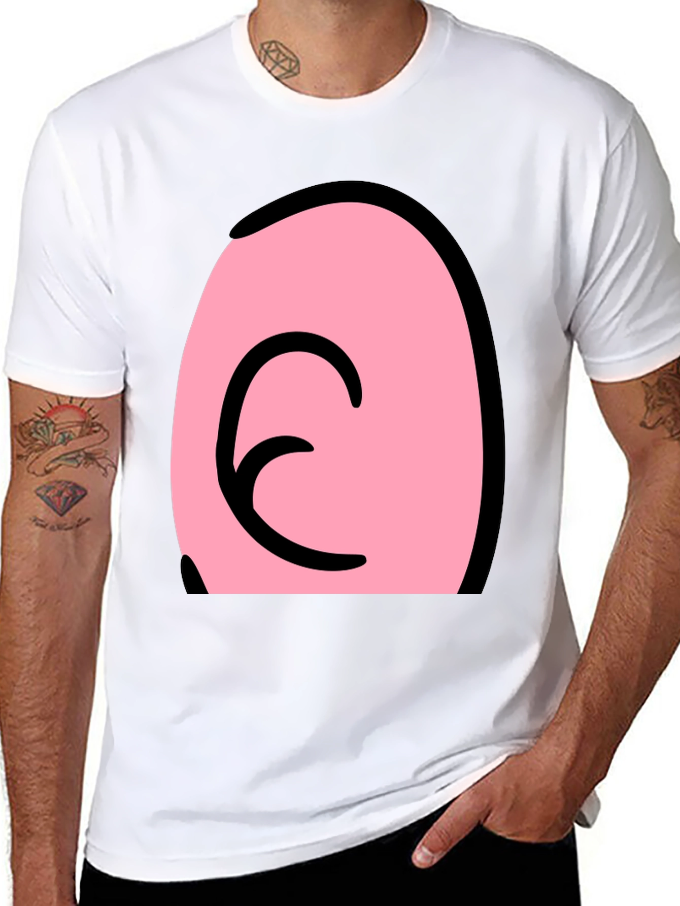 Pink Cartoon Character Face on Black T-Shirt