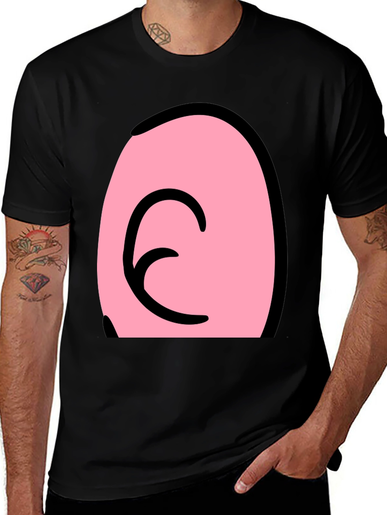 Pink Cartoon Character Face on Black T-Shirt