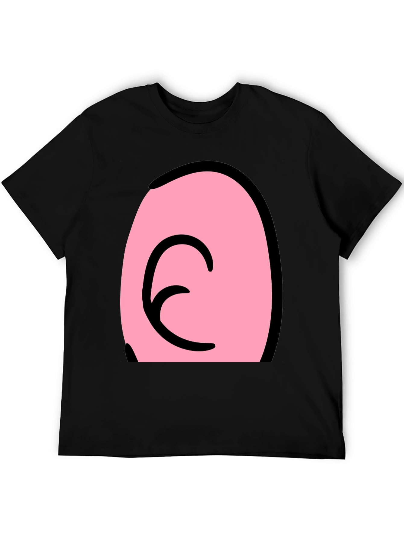 Pink Cartoon Character Face on Black T-Shirt