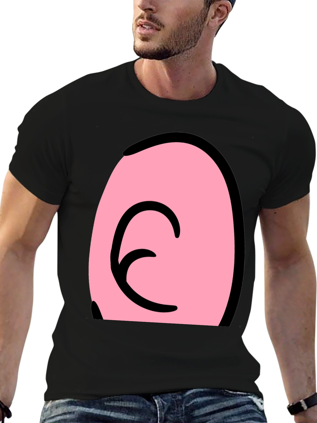 Pink Cartoon Character Face on Black T-Shirt