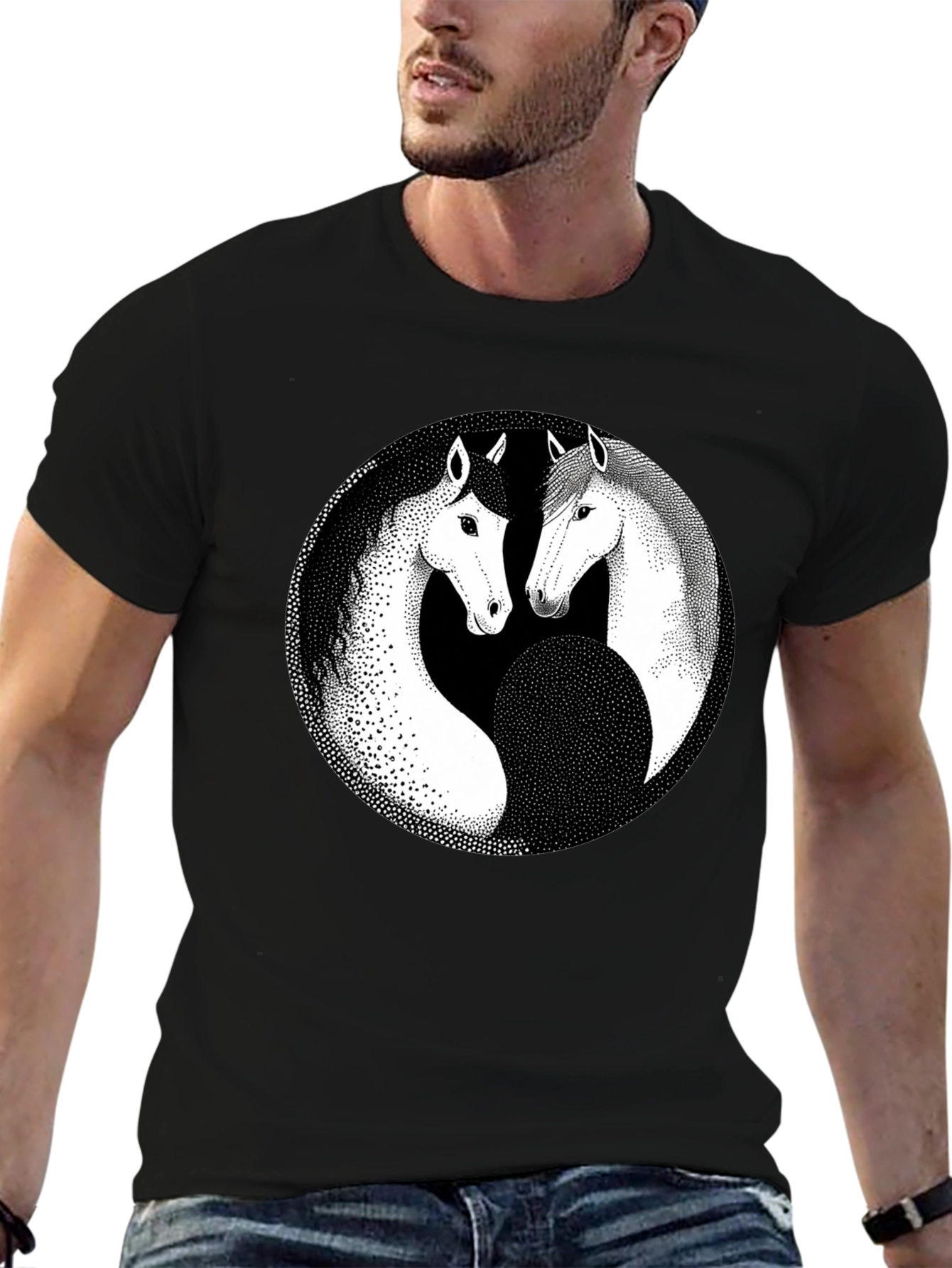 Yin Yang Horse Graphic Black T-Shirt