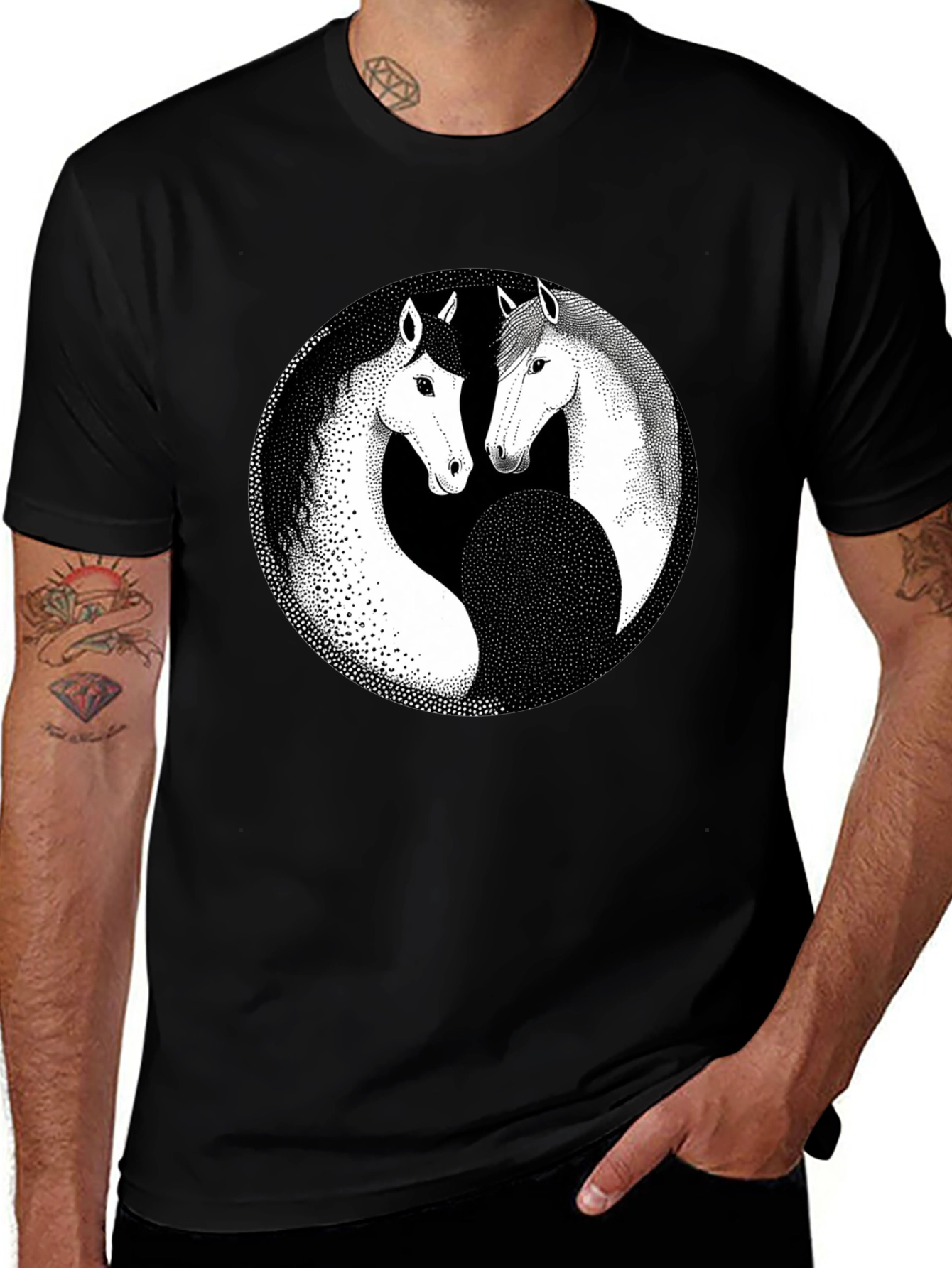 Yin Yang Horse Graphic Black T-Shirt