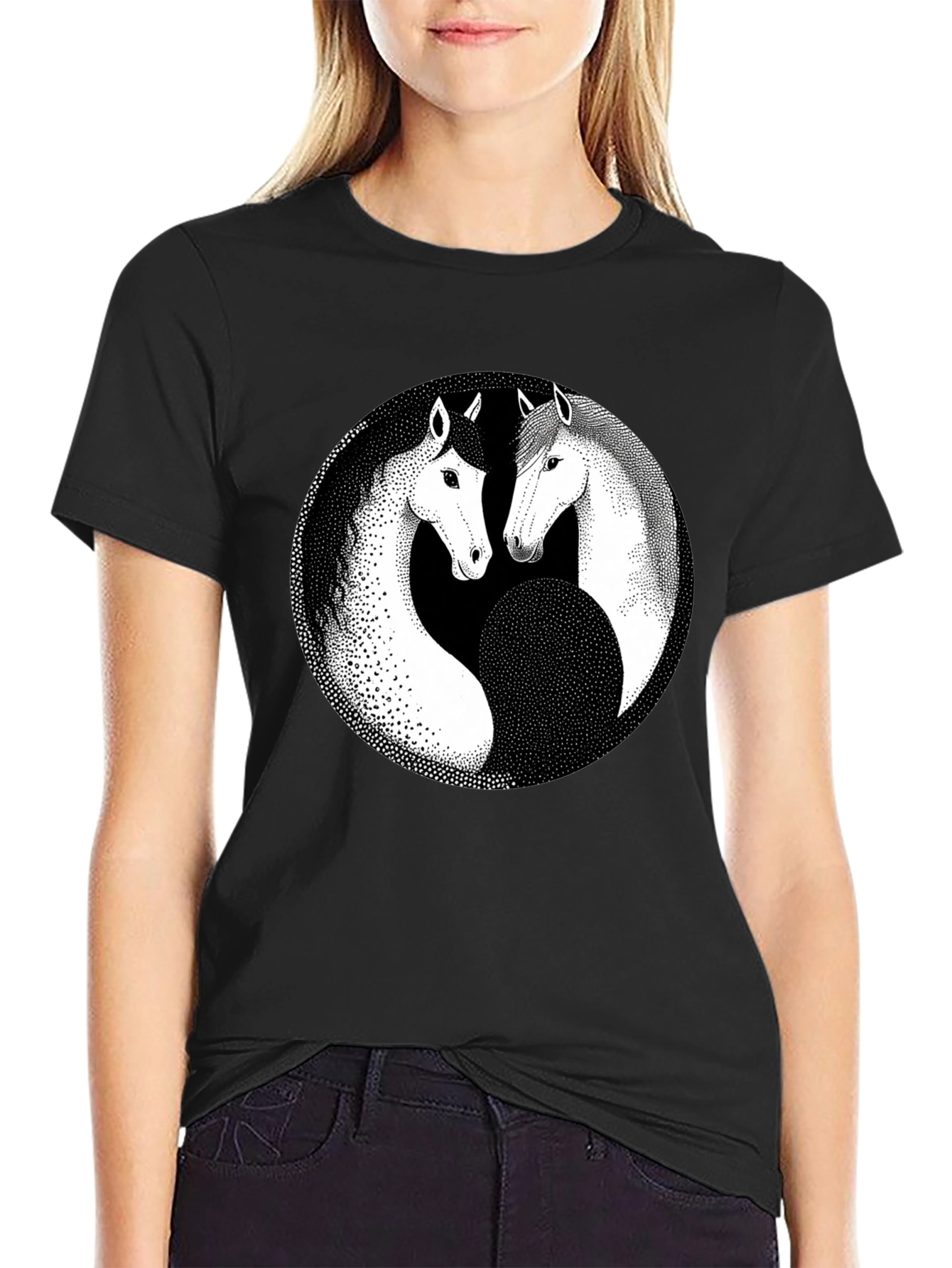 Yin Yang Horse Graphic Black T-Shirt