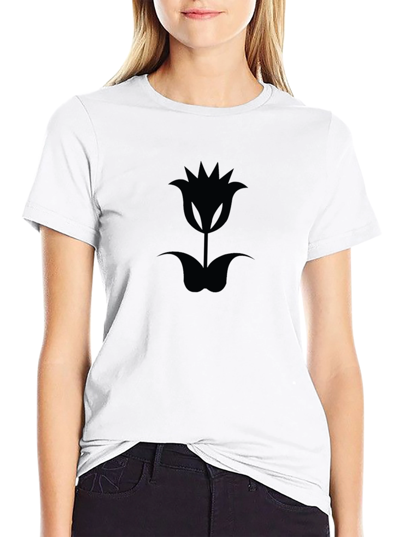 Black T-Shirt with Tulip Flower Graphic