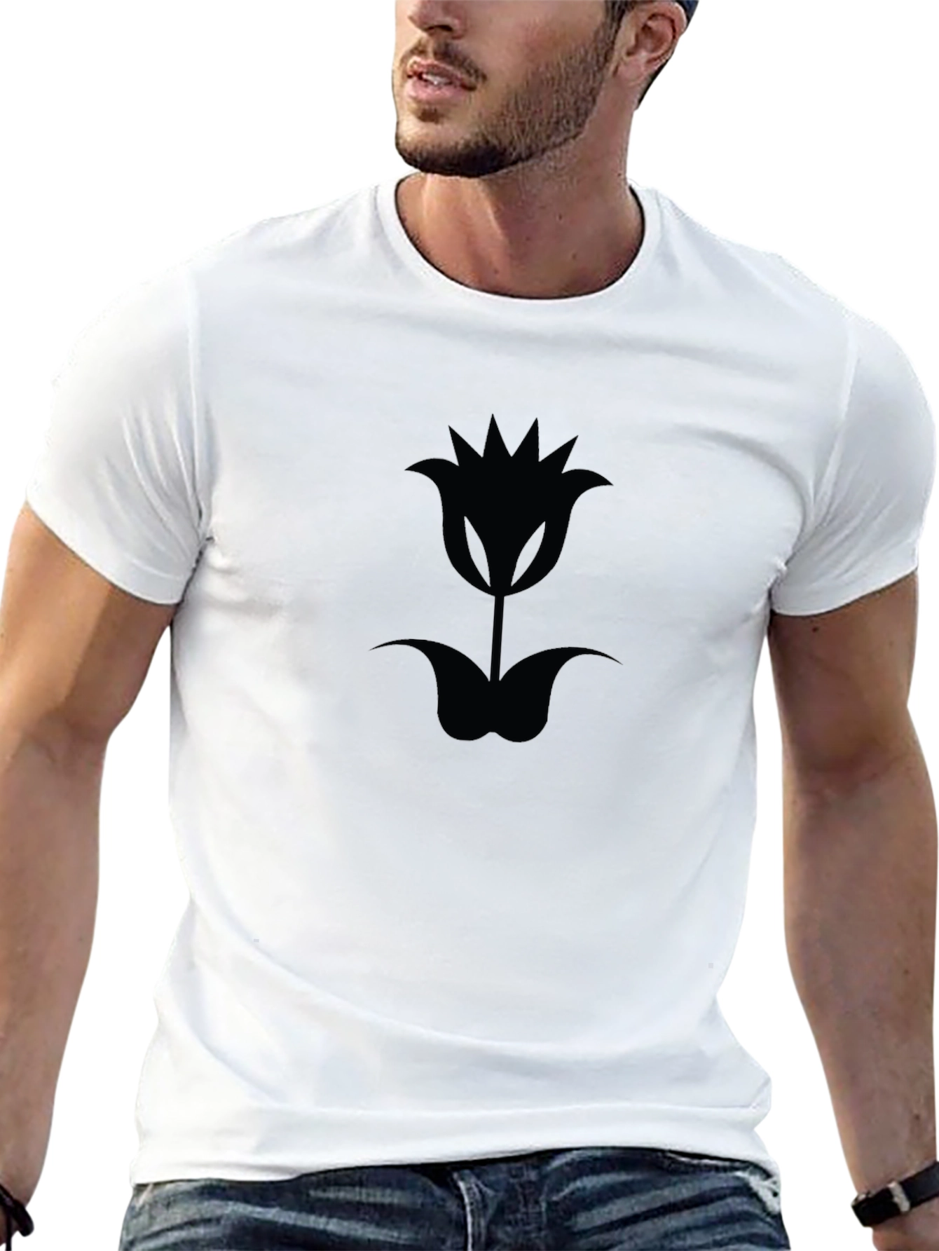 Black T-Shirt with Tulip Flower Graphic