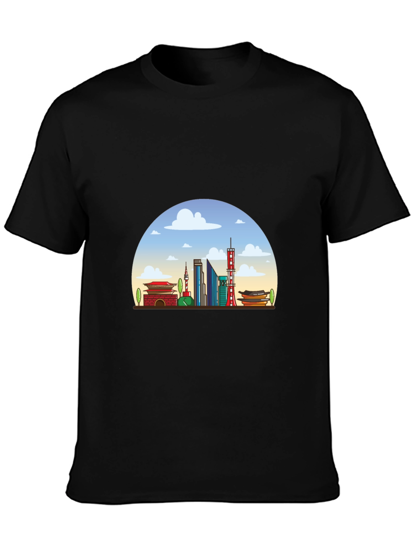 Seoul Skyline Graphic Tee - Black Cotton T-Shirt