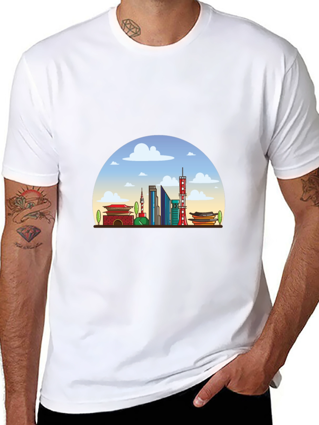 Seoul Skyline Graphic Tee - Black Cotton T-Shirt