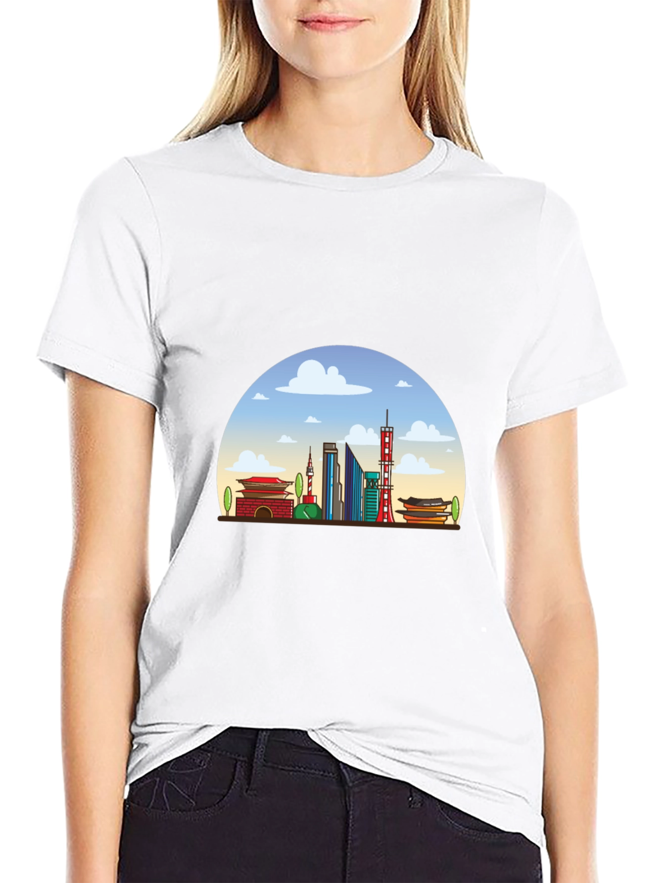 Seoul Skyline Graphic Tee - Black Cotton T-Shirt