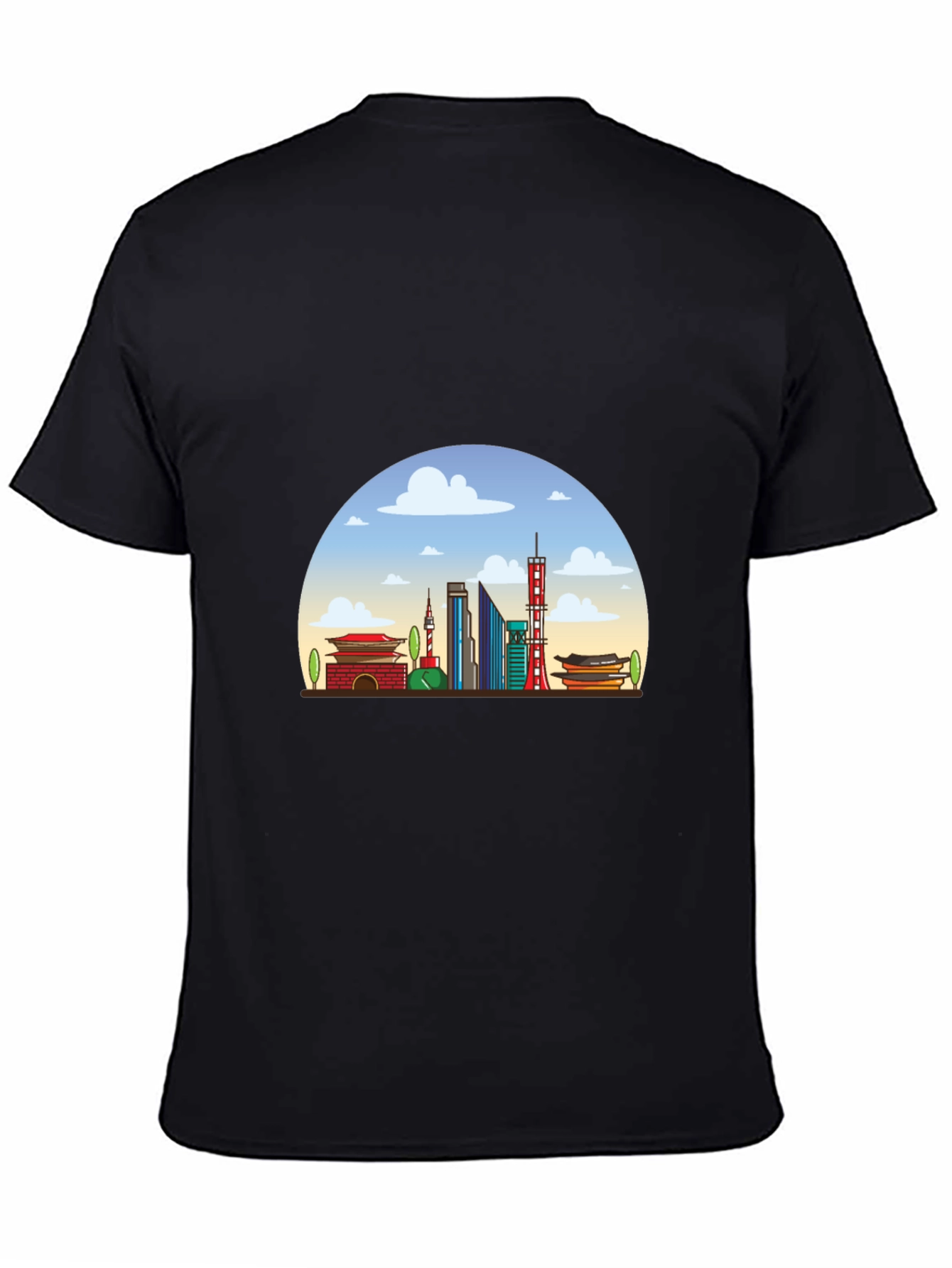 Seoul Skyline Graphic Tee - Black Cotton T-Shirt