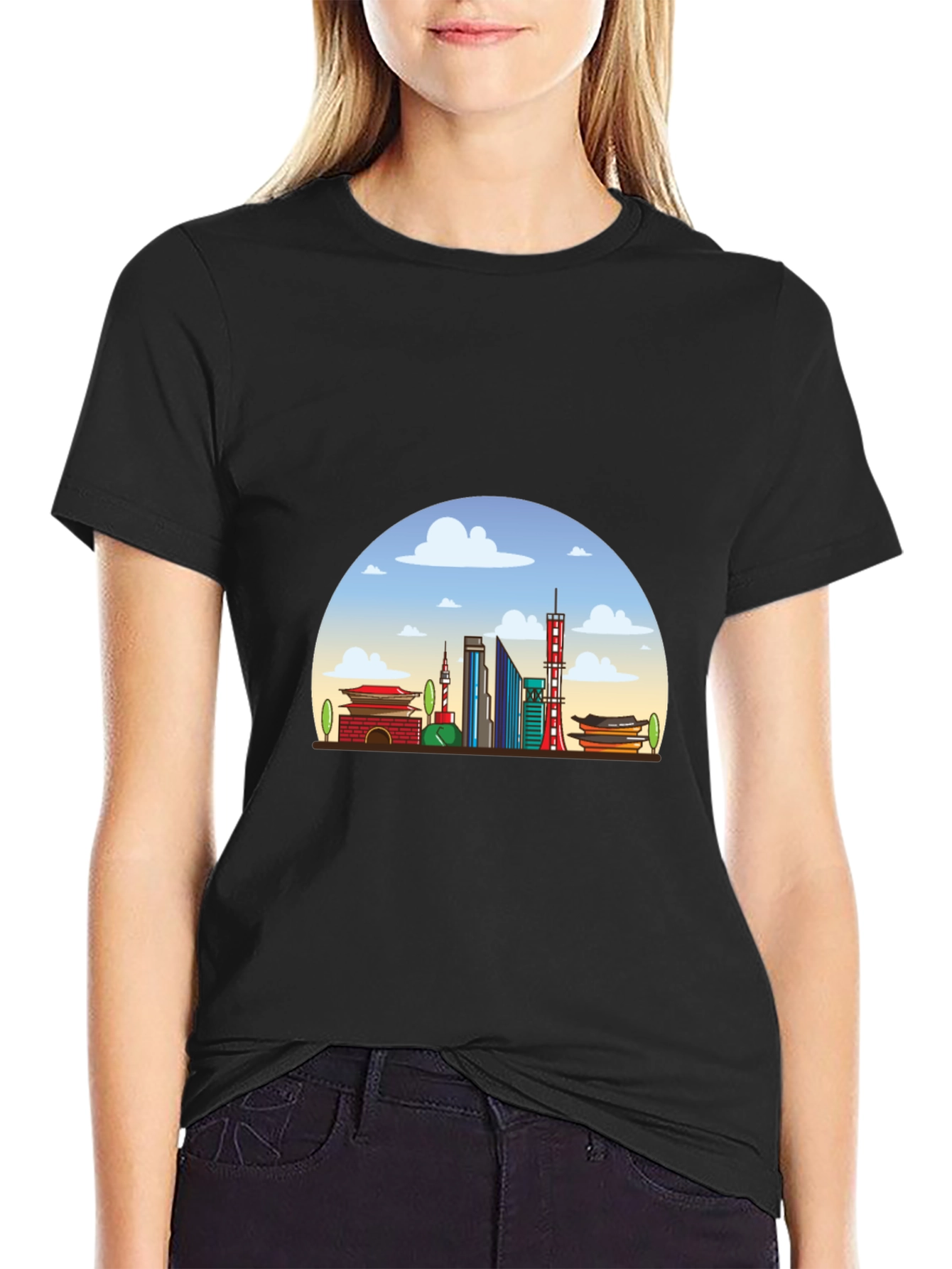 Seoul Skyline Graphic Tee - Black Cotton T-Shirt