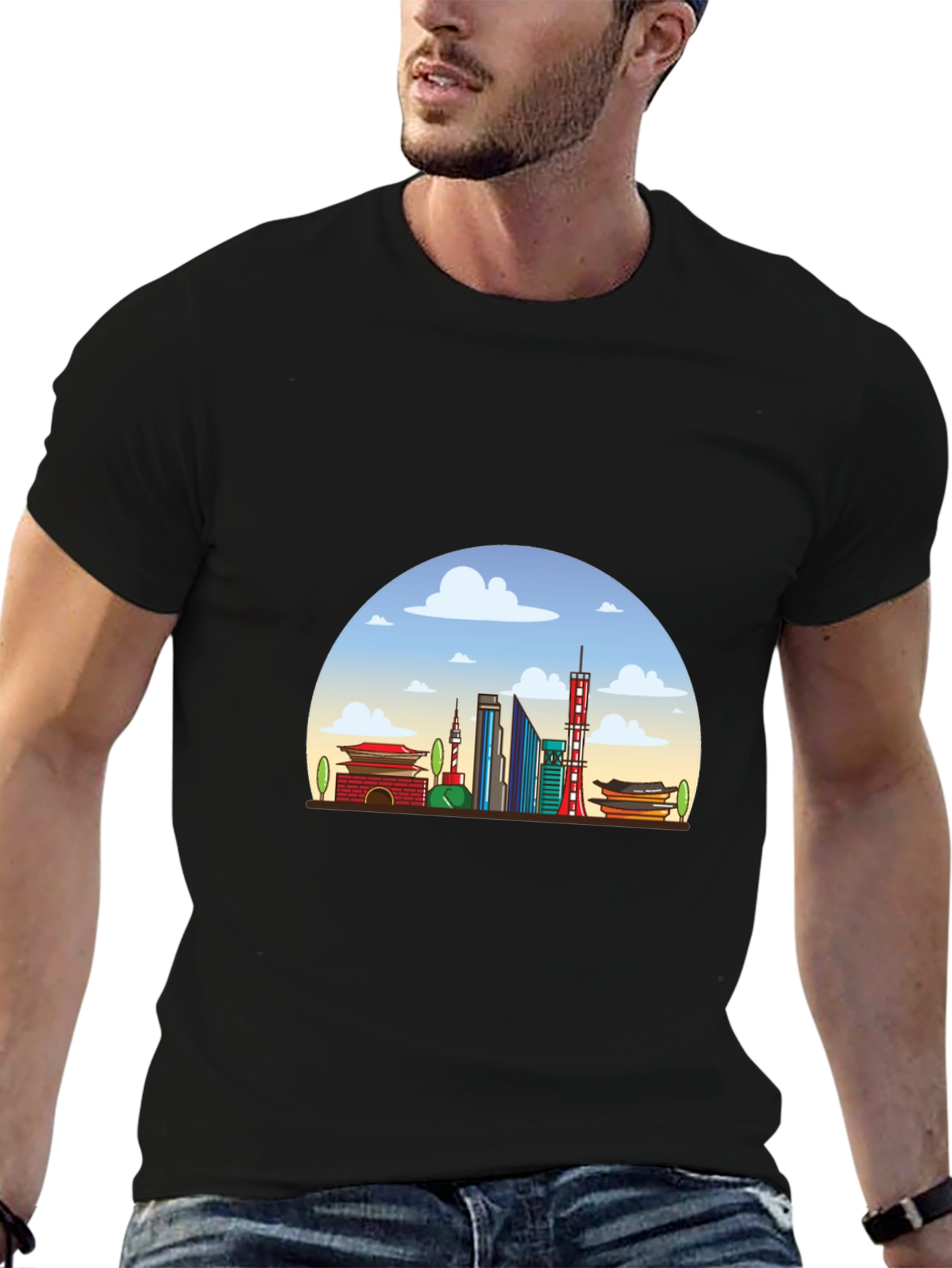 Seoul Skyline Graphic Tee - Black Cotton T-Shirt