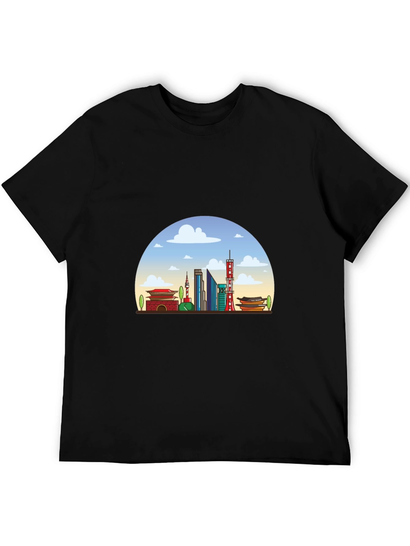 Seoul Skyline Graphic Tee - Black Cotton T-Shirt
