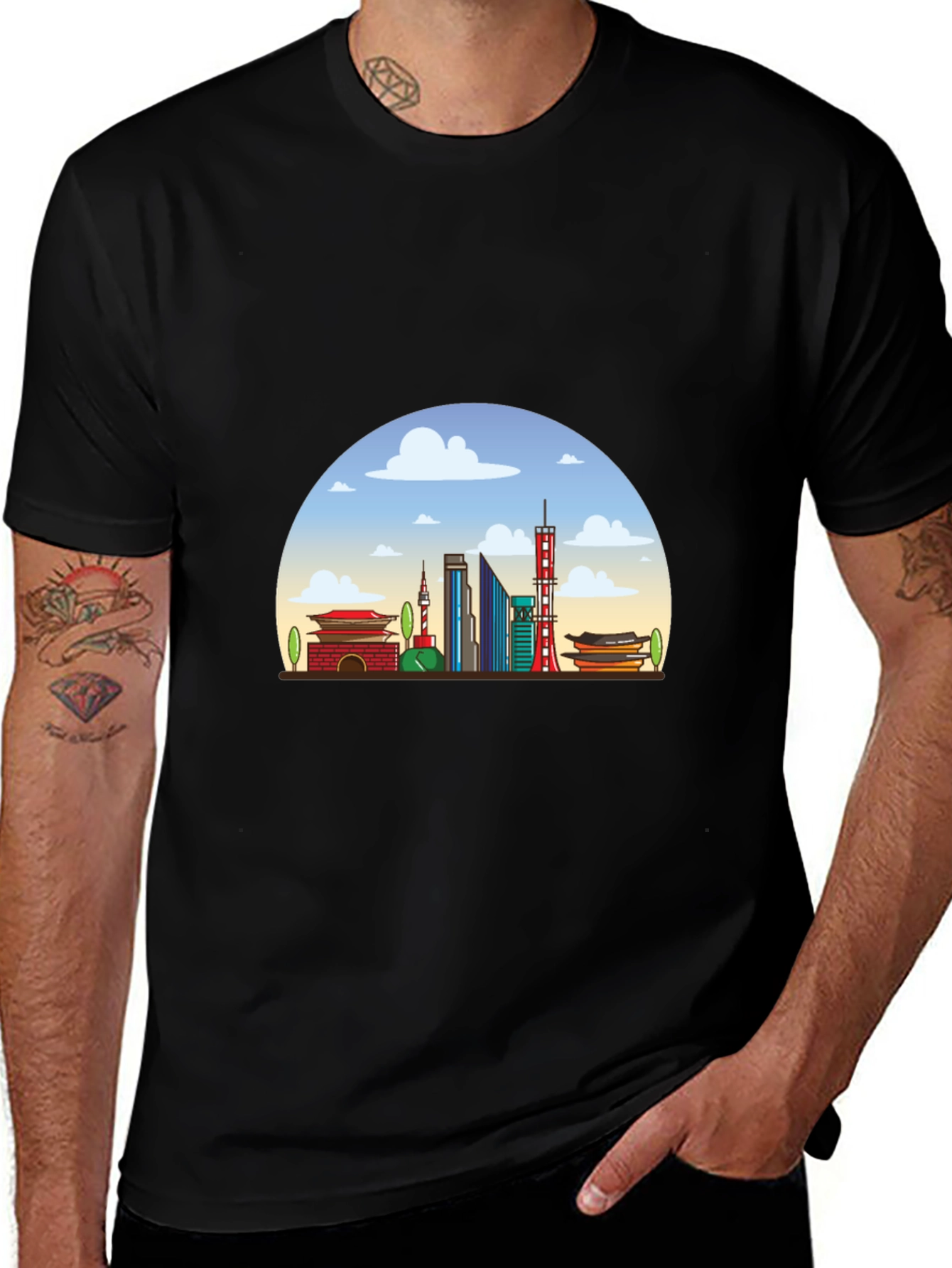 Seoul Skyline Graphic Tee - Black Cotton T-Shirt