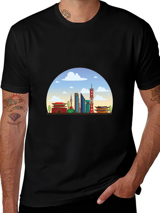 Seoul Skyline Graphic Tee - Black Cotton T-Shirt