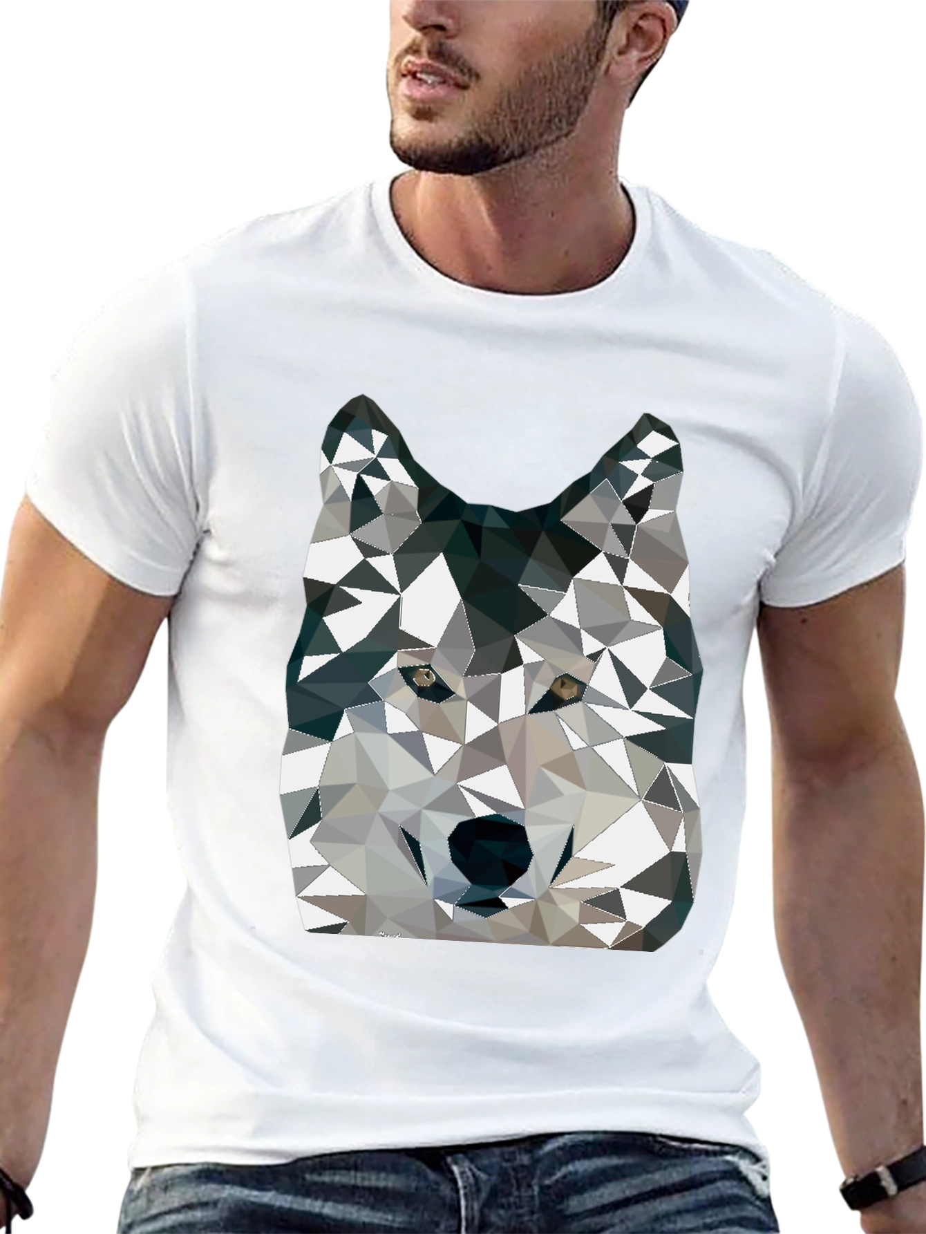 Geometric Wolf Graphic Print Crew Neck T-Shirt