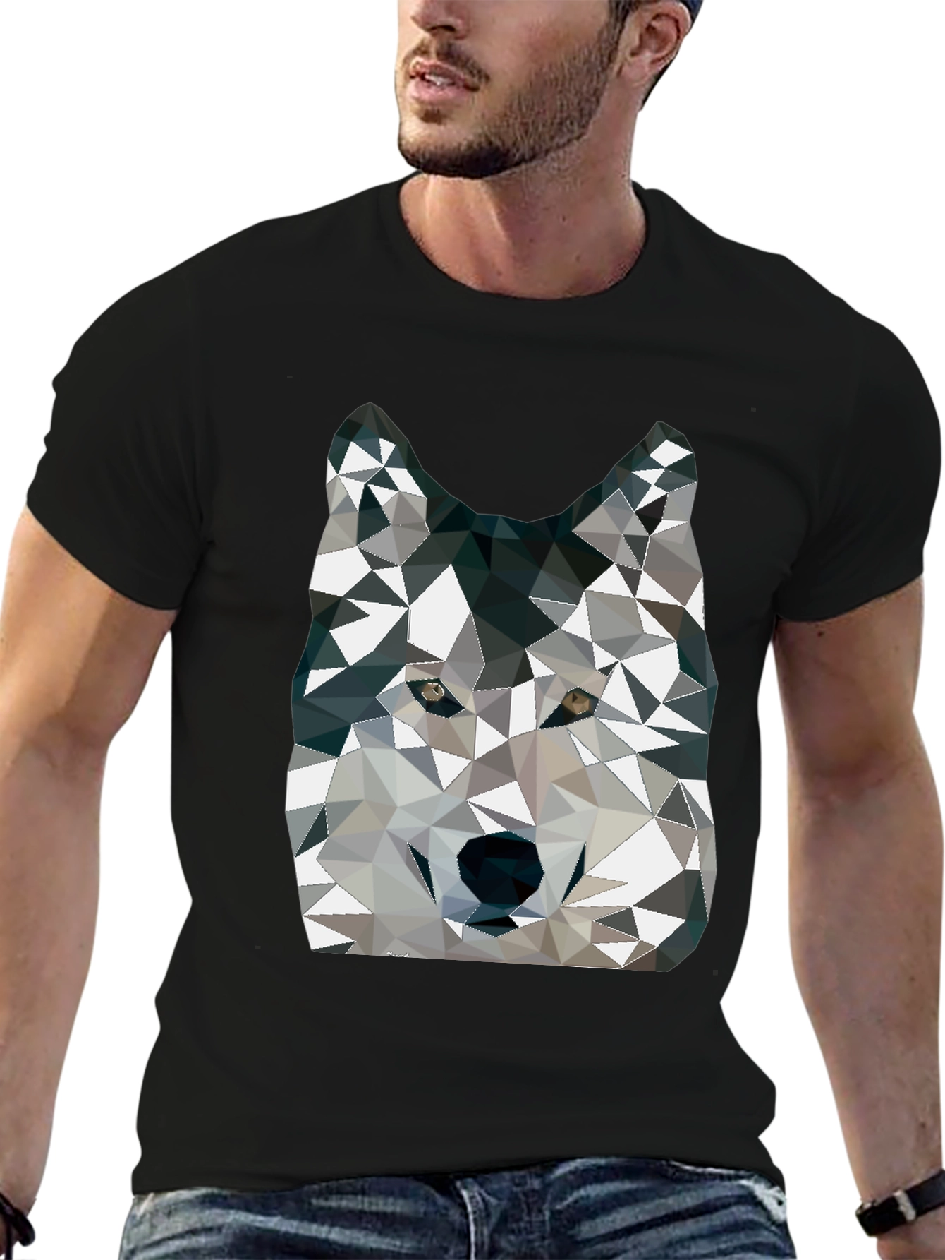 Geometric Wolf Graphic Print Crew Neck T-Shirt