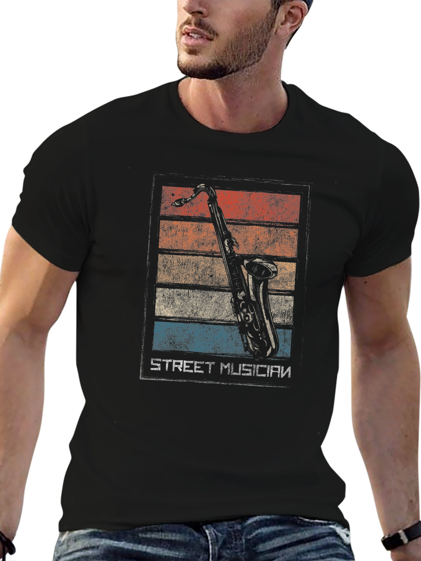 Retro Street Musician Saxophone Black T-Shirt