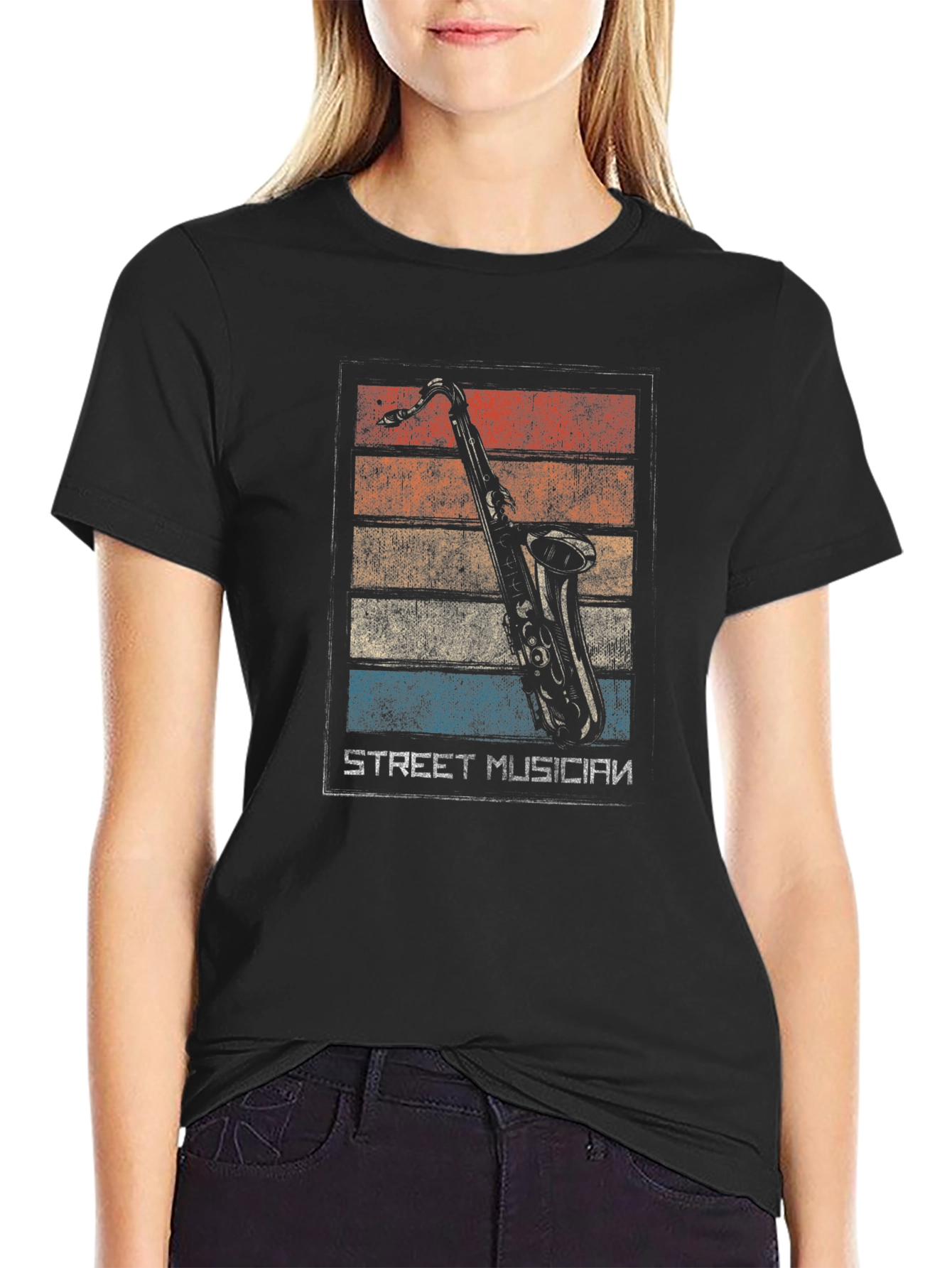 Retro Street Musician Saxophone Black T-Shirt