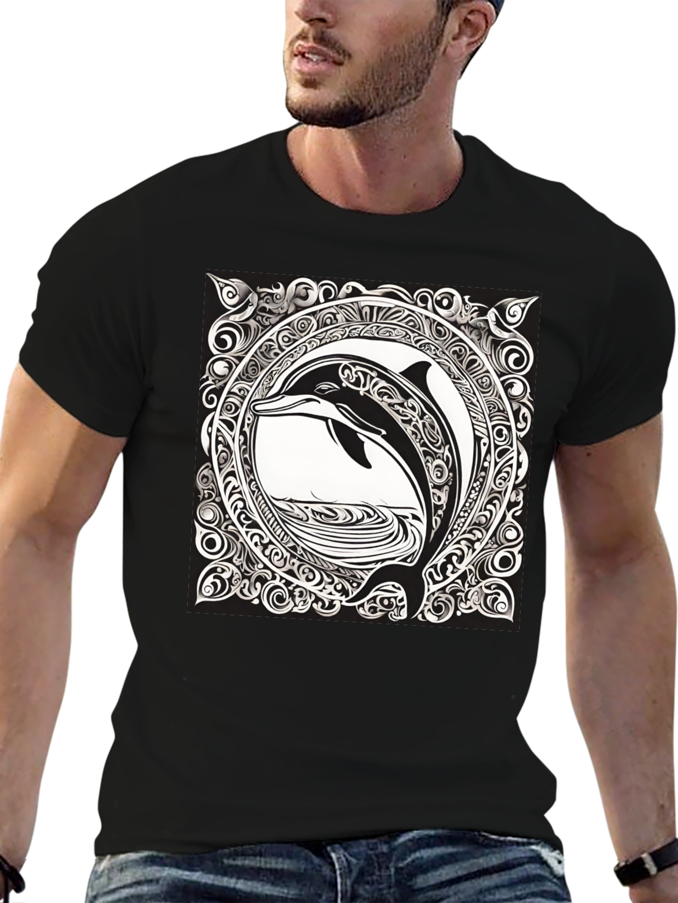 Dolphin Art Black Tee - Unique Graphic Print