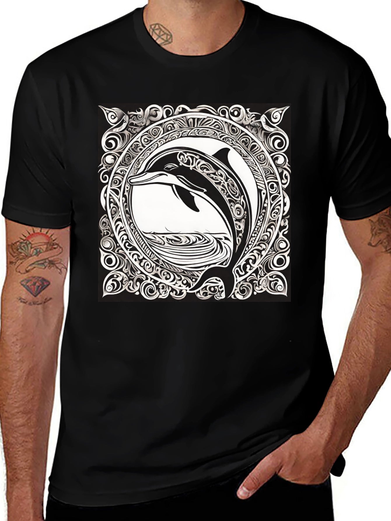 Dolphin Art Black Tee - Unique Graphic Print