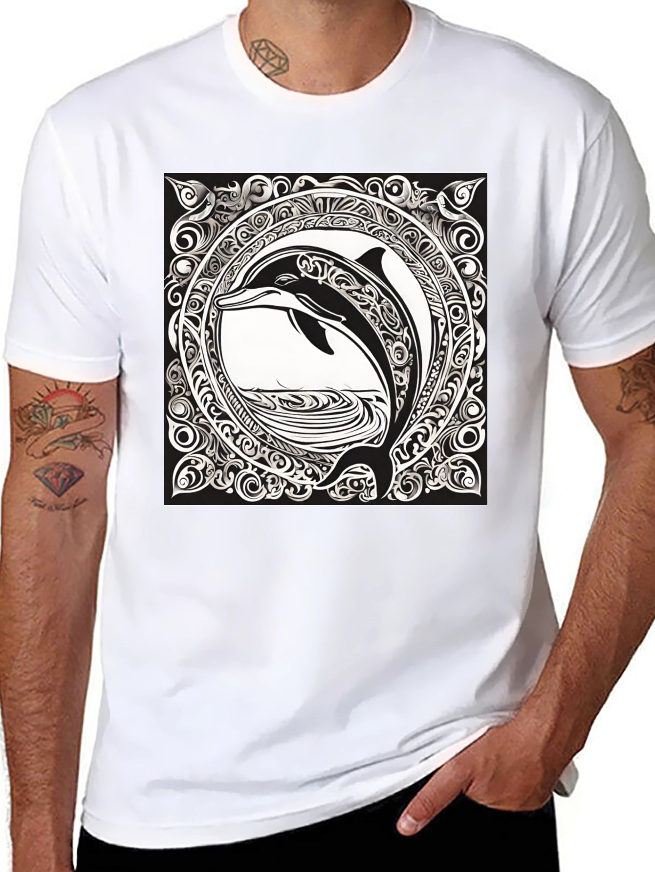 Dolphin Art Black Tee - Unique Graphic Print