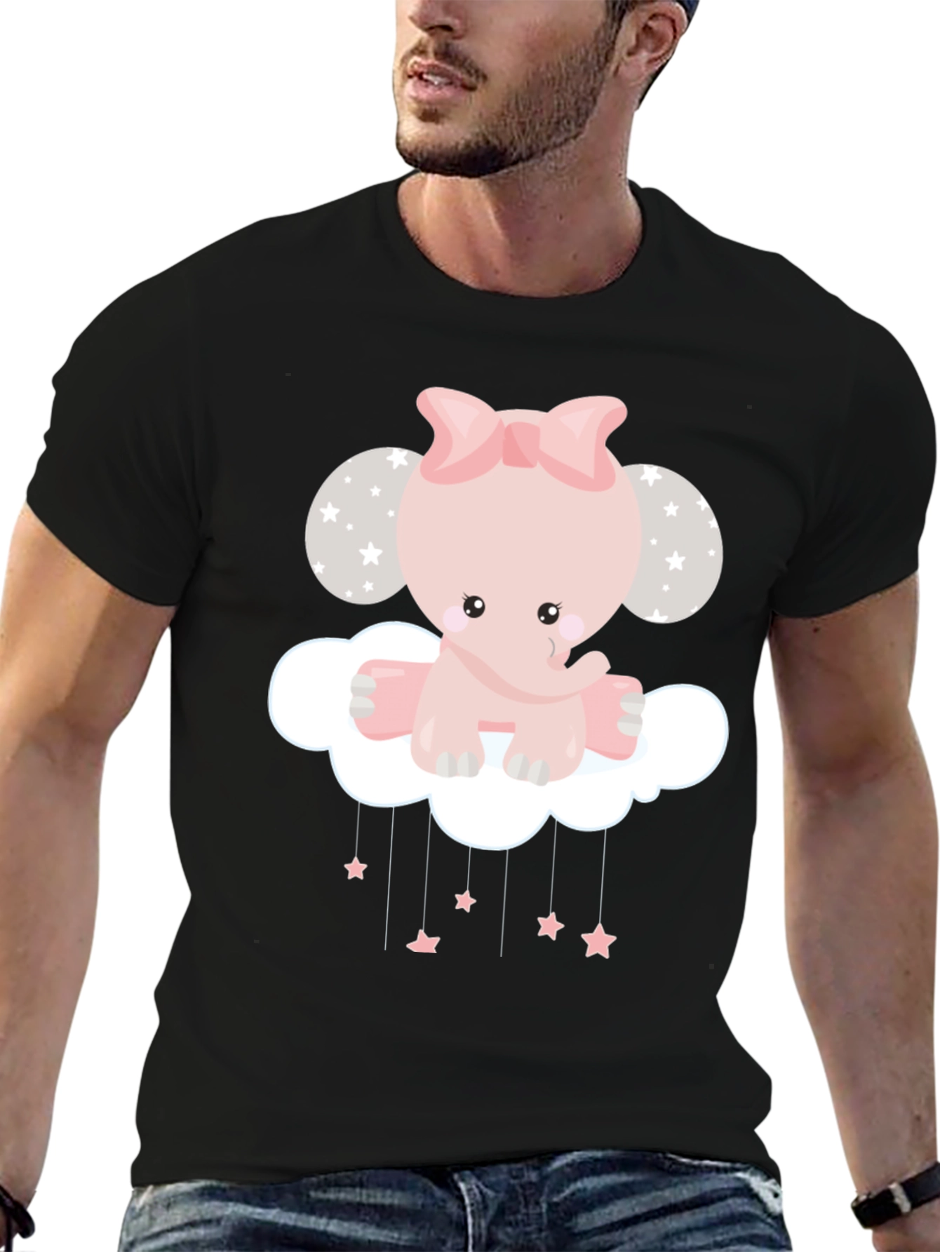 Cute Elephant Cloud Graphic Tee - Black