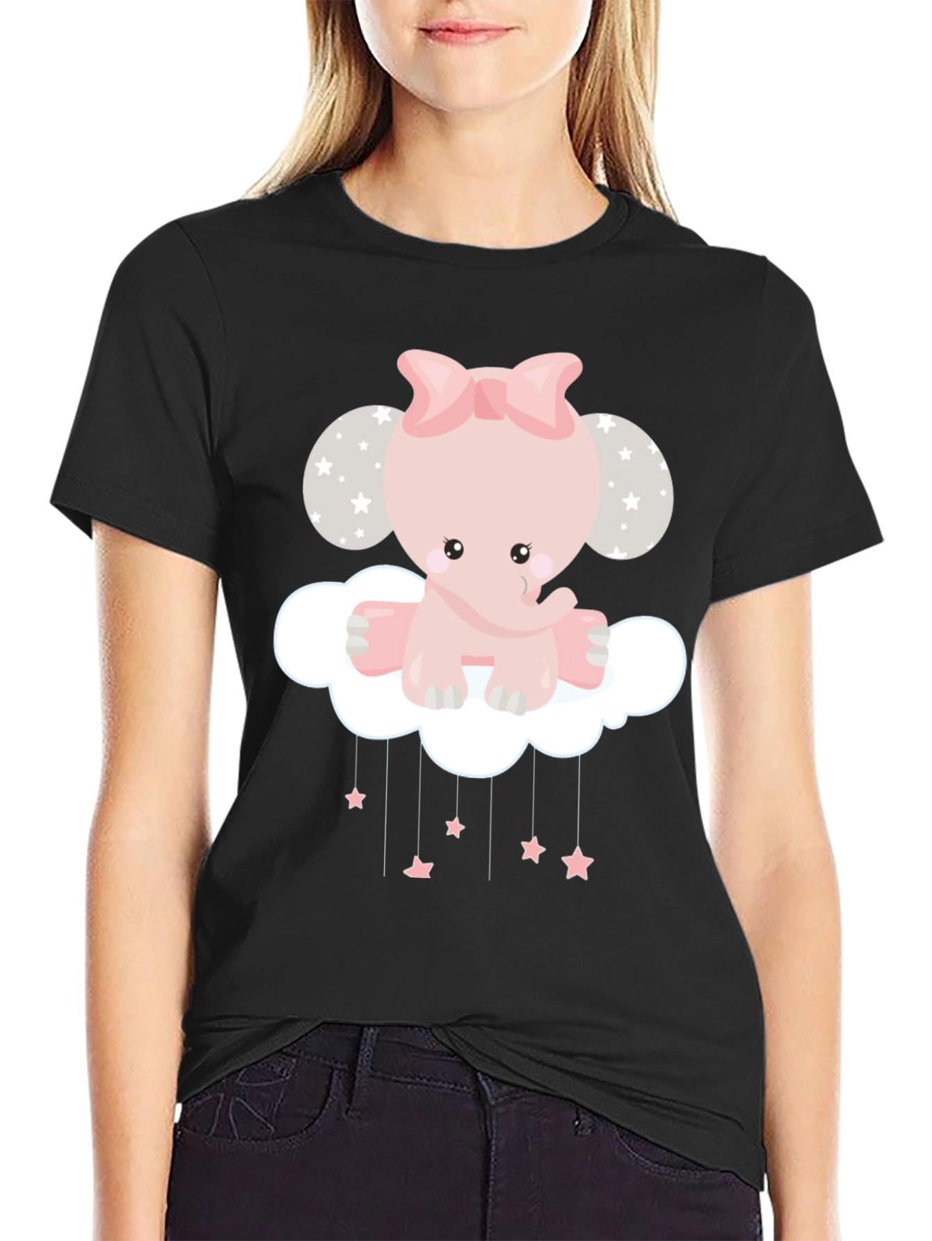 Cute Elephant Cloud Graphic Tee - Black