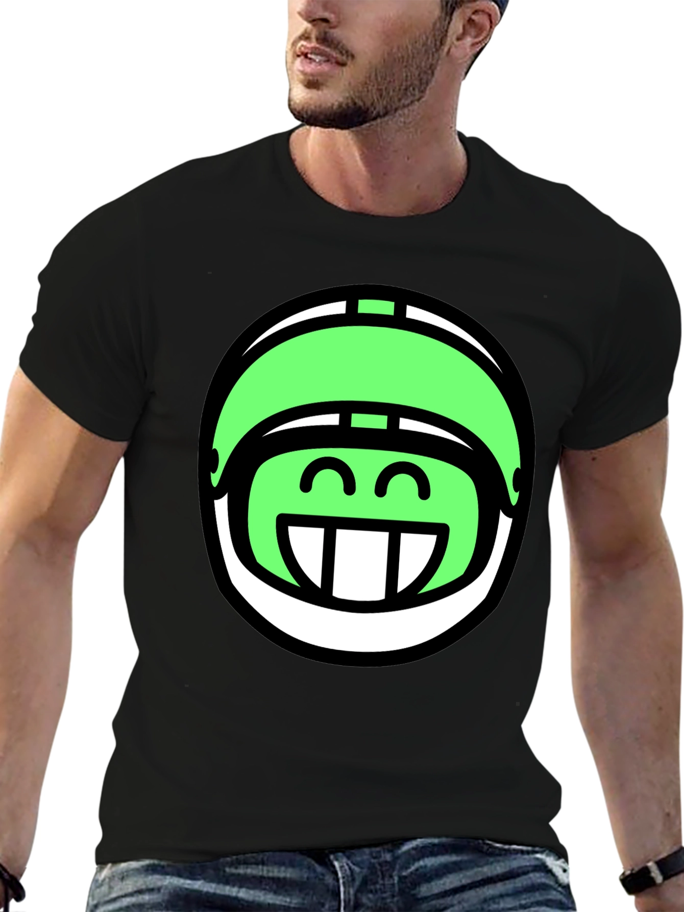 Funny Green Helmet Graphic Tee - Black Cotton T-Shirt