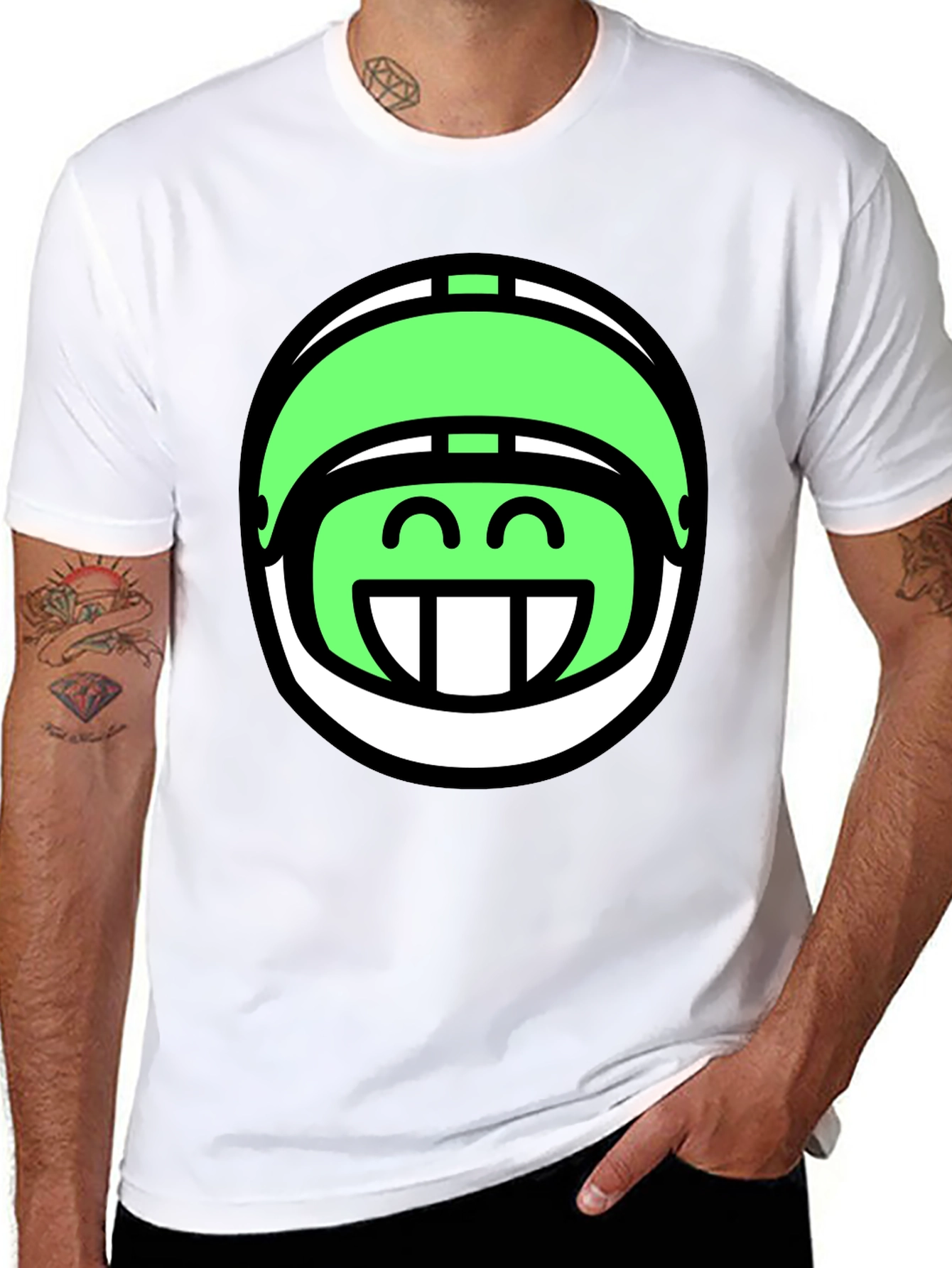 Funny Green Helmet Graphic Tee - Black Cotton T-Shirt