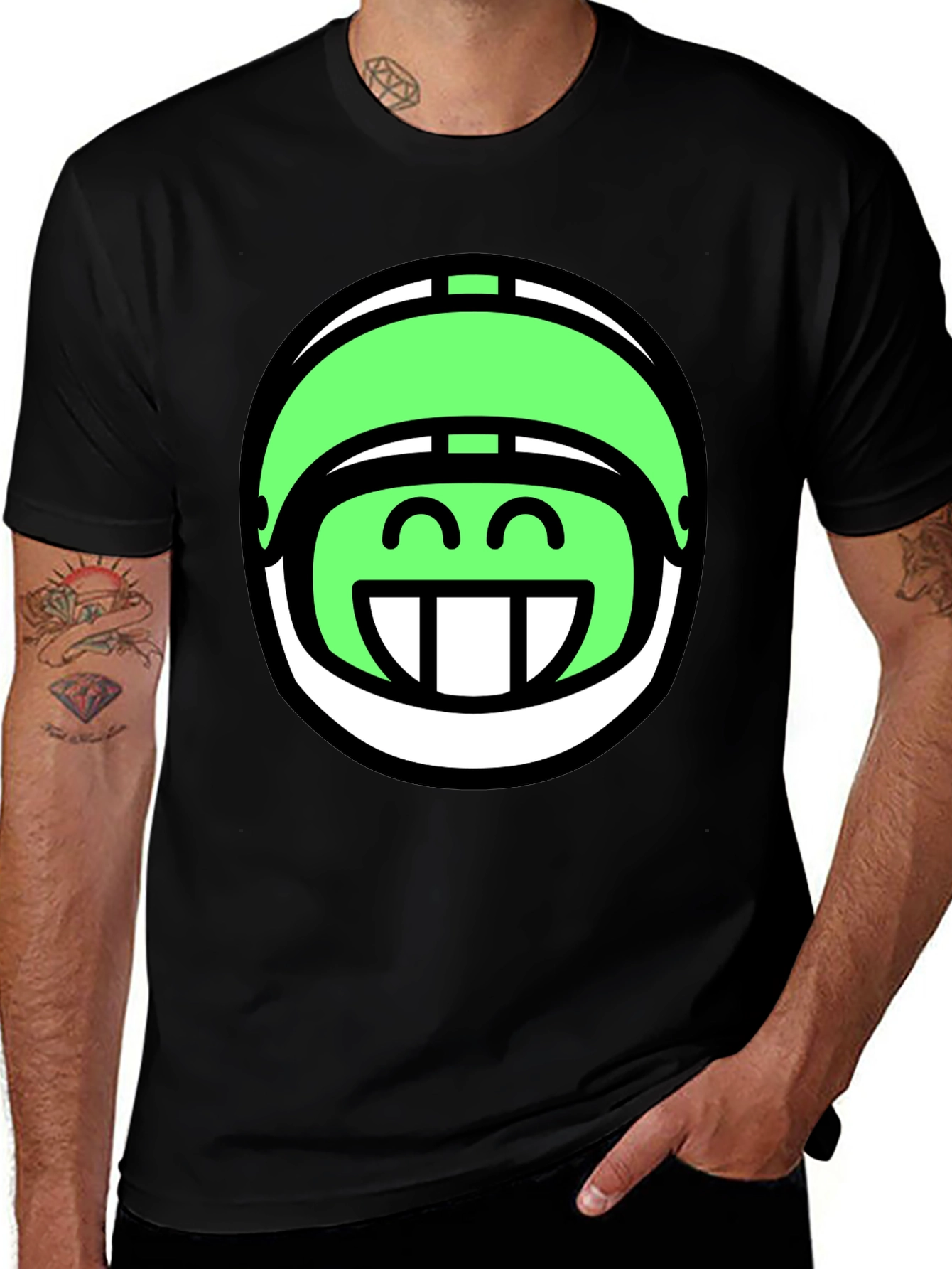 Funny Green Helmet Graphic Tee - Black Cotton T-Shirt